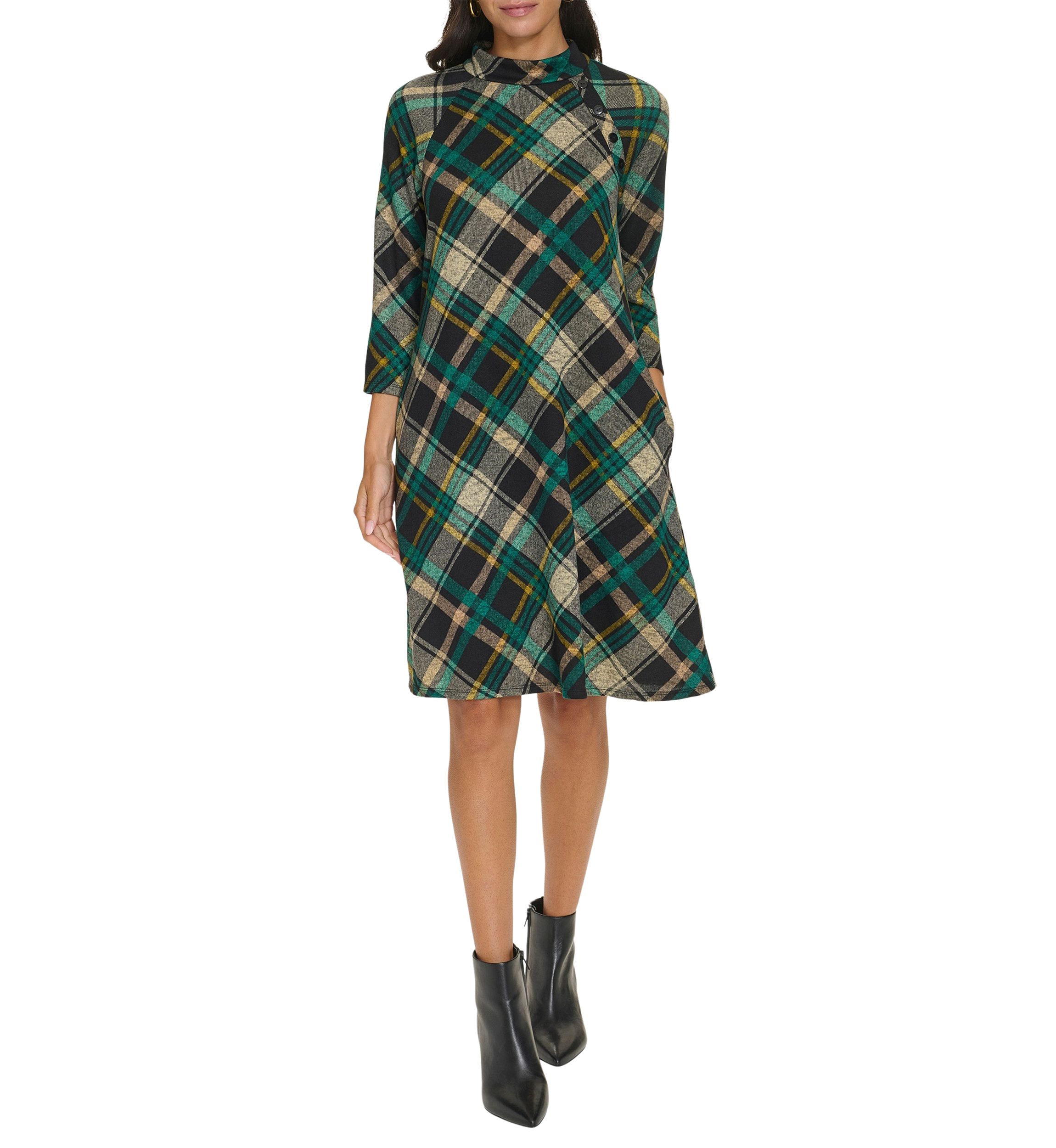 Womens 3/4 Sleeve Plaid Print A-Line Dress