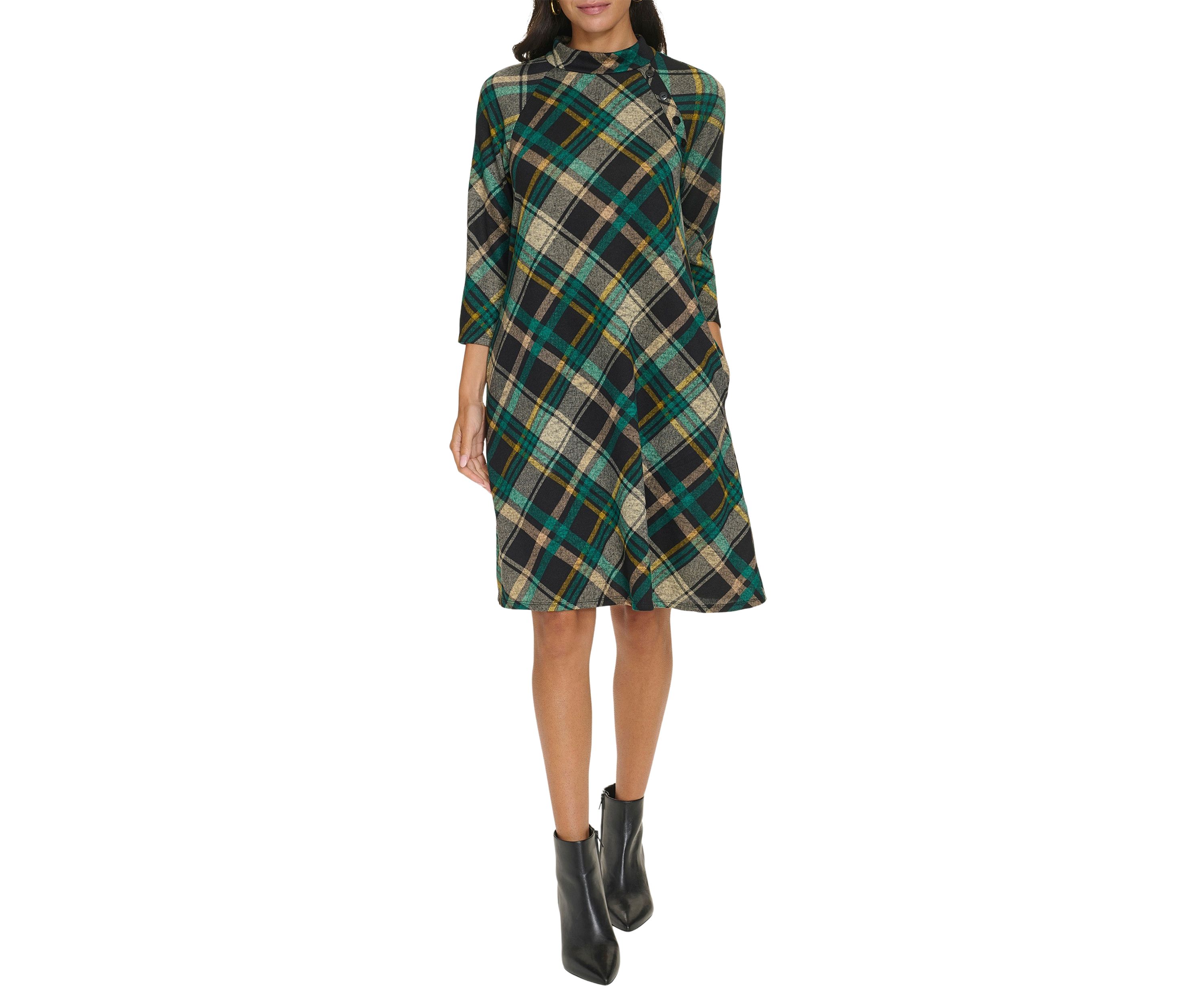 Womens 3/4 Sleeve Plaid Print A-Line Dress