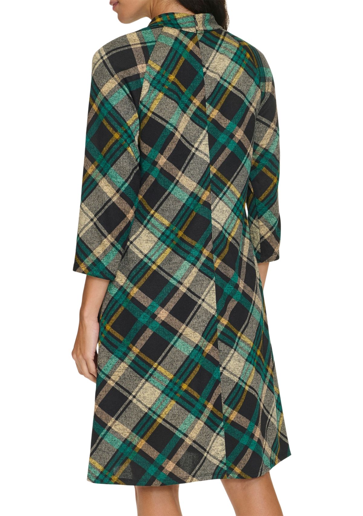 Womens 3/4 Sleeve Plaid Print A-Line Dress