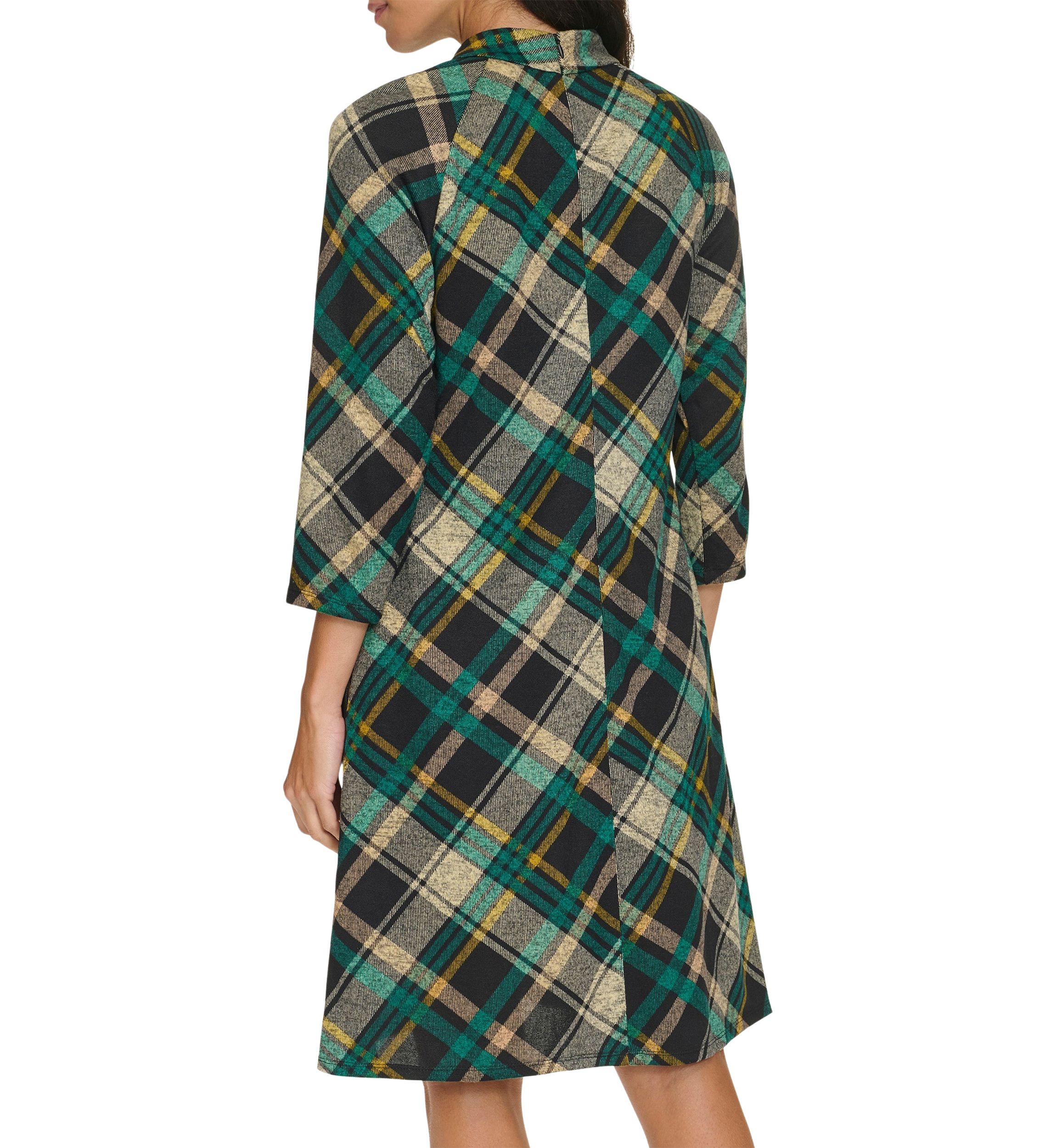Womens 3/4 Sleeve Plaid Print A-Line Dress