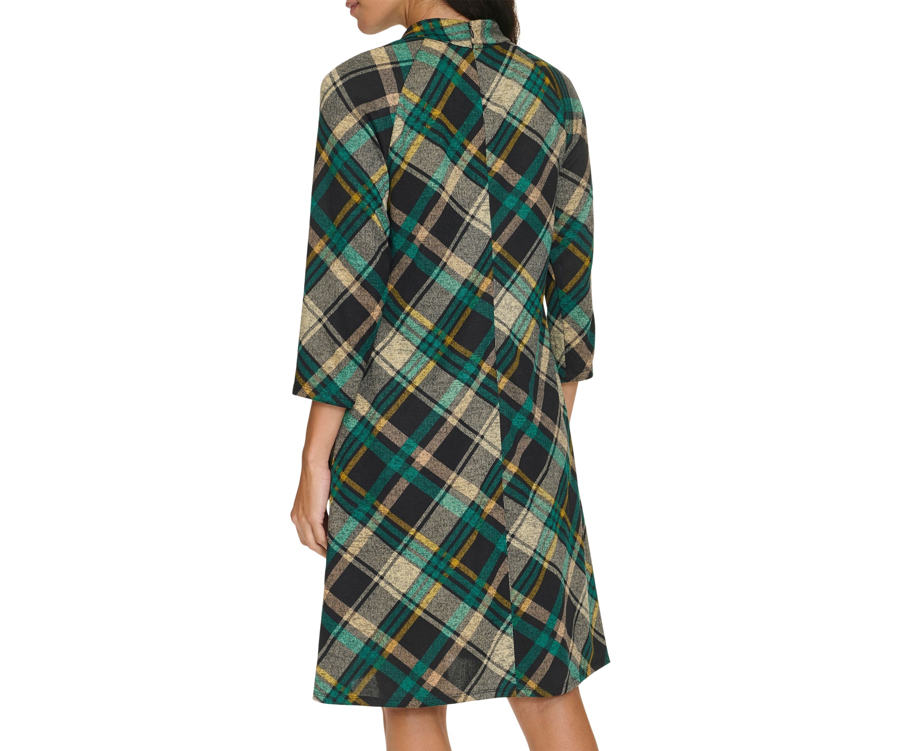 Womens 3/4 Sleeve Plaid Print A-Line Dress