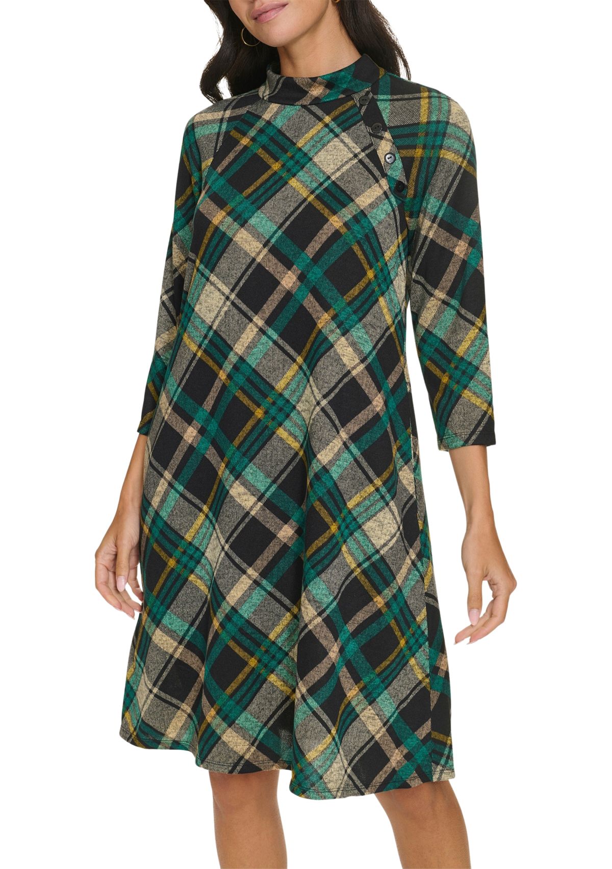 Womens 3/4 Sleeve Plaid Print A-Line Dress