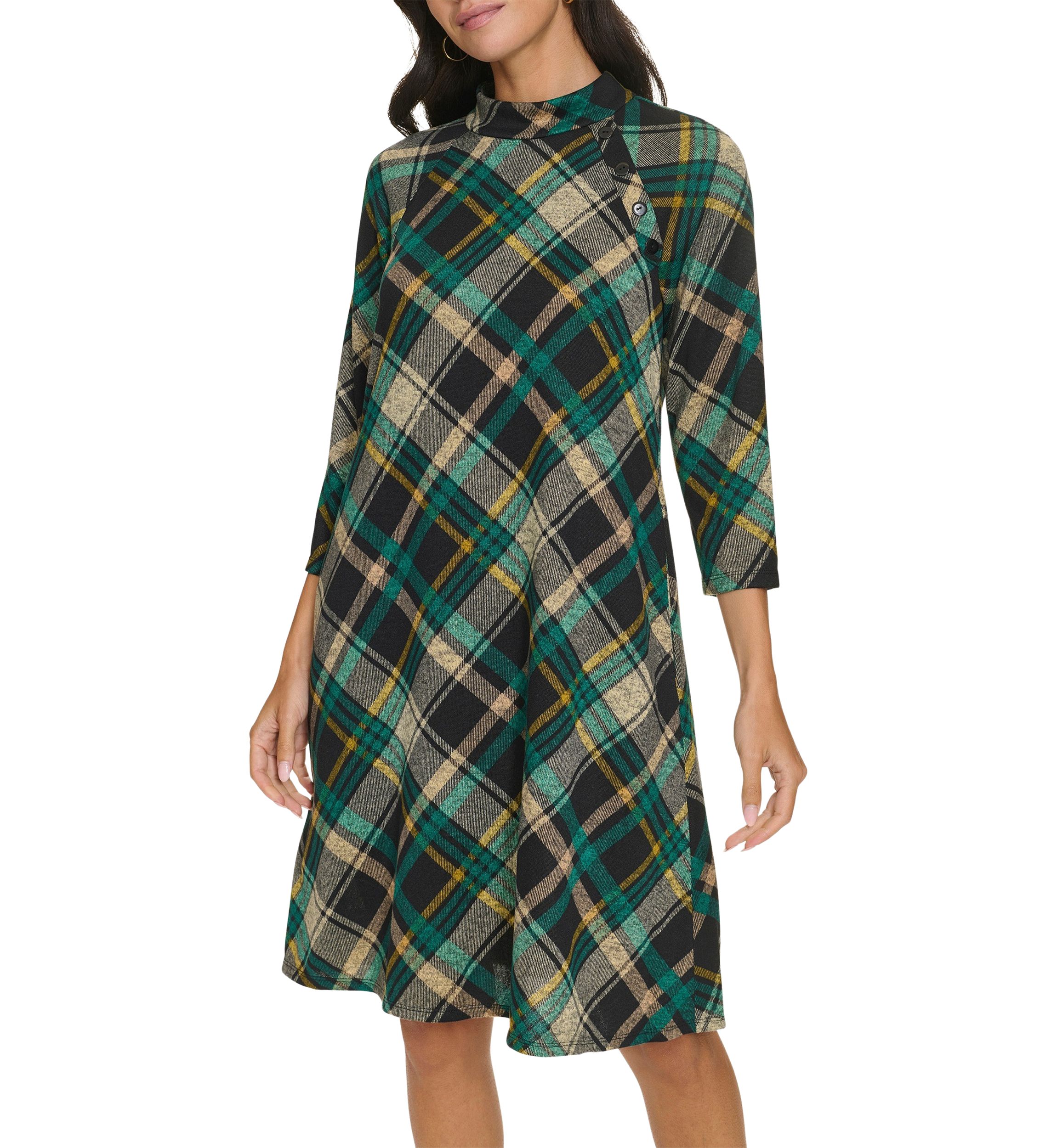 Womens 3/4 Sleeve Plaid Print A-Line Dress