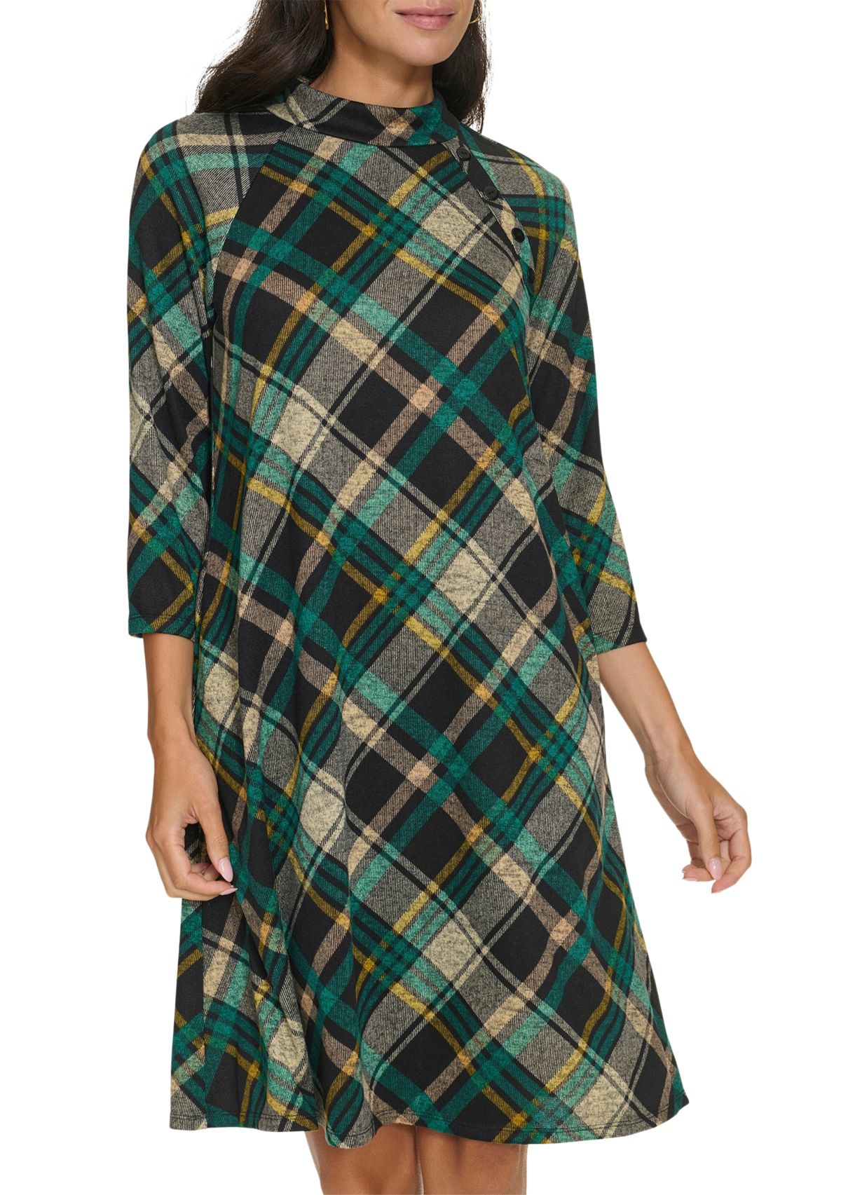 Womens 3/4 Sleeve Plaid Print A-Line Dress