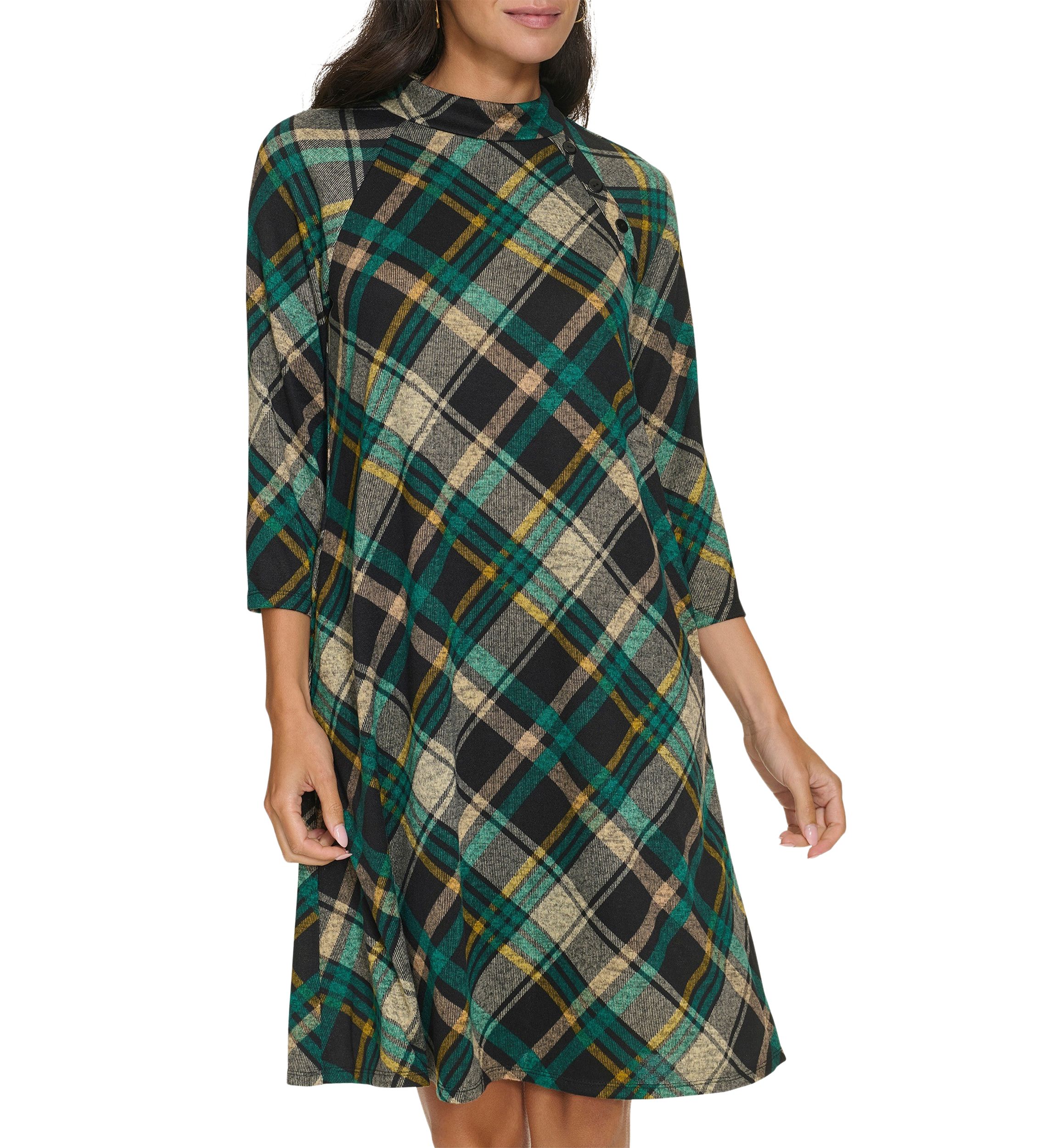 Womens 3/4 Sleeve Plaid Print A-Line Dress