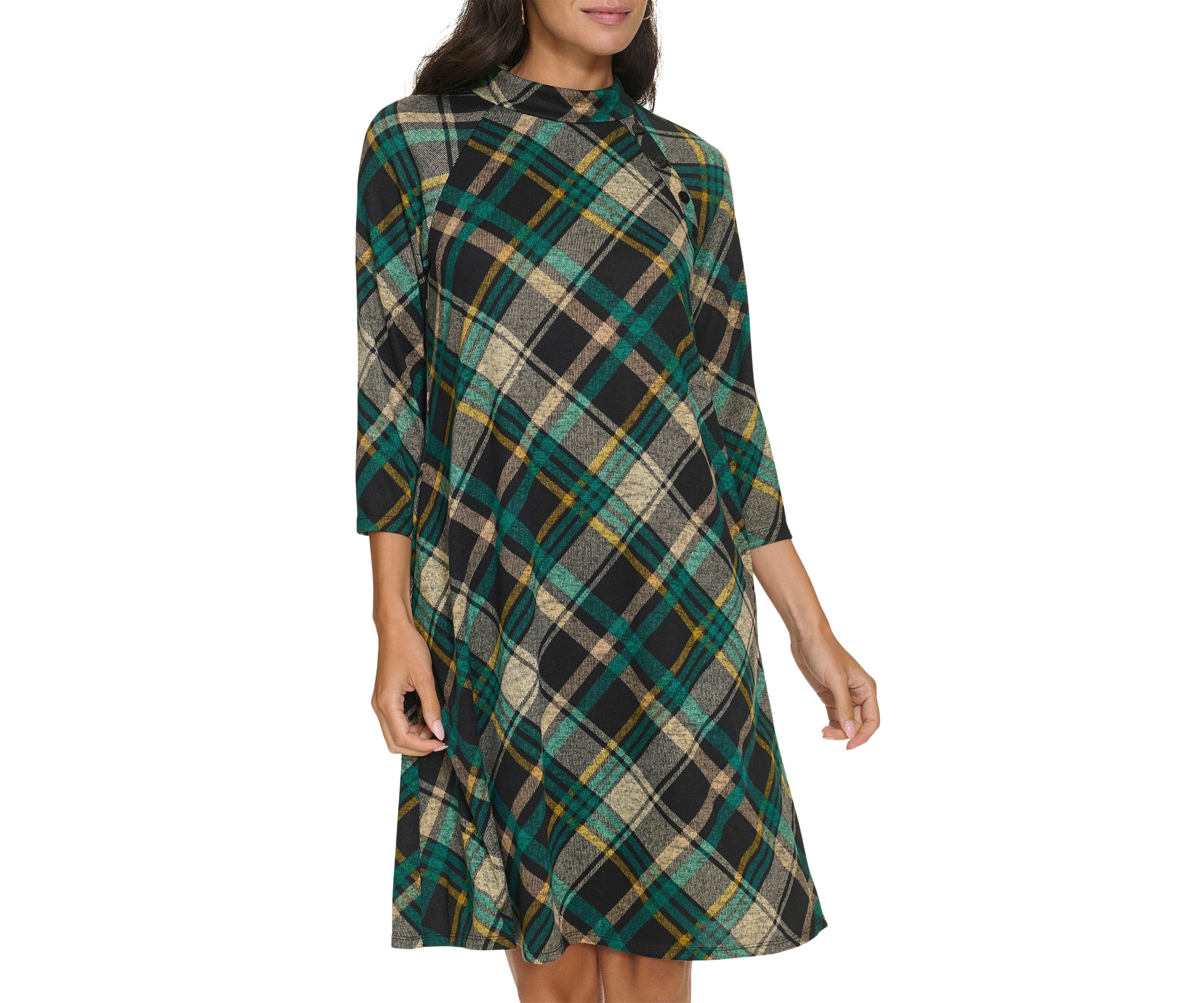 Womens 3/4 Sleeve Plaid Print A-Line Dress