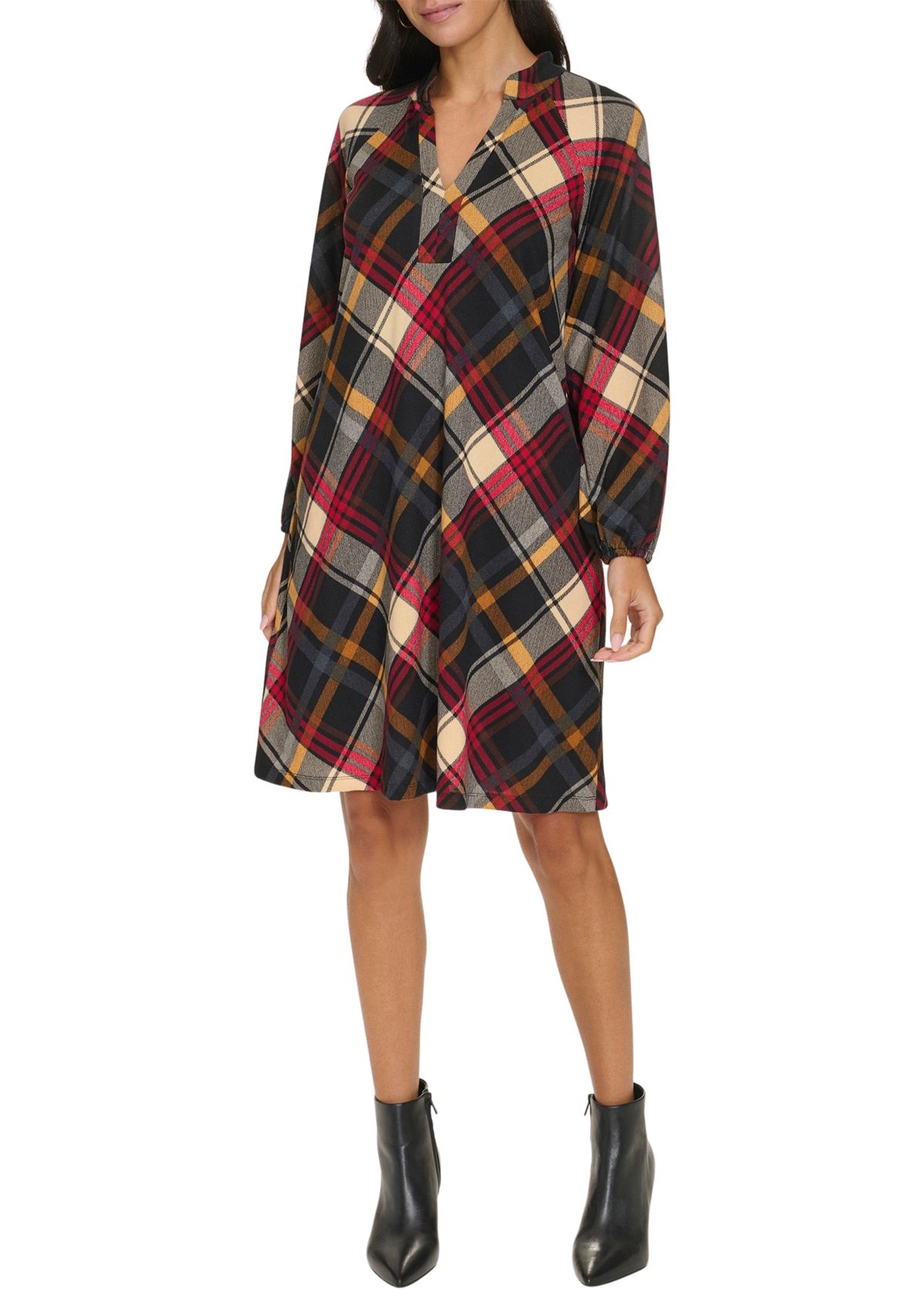 Womens Long Puff Sleeve V-Neck Plaid Print A-Line Dress