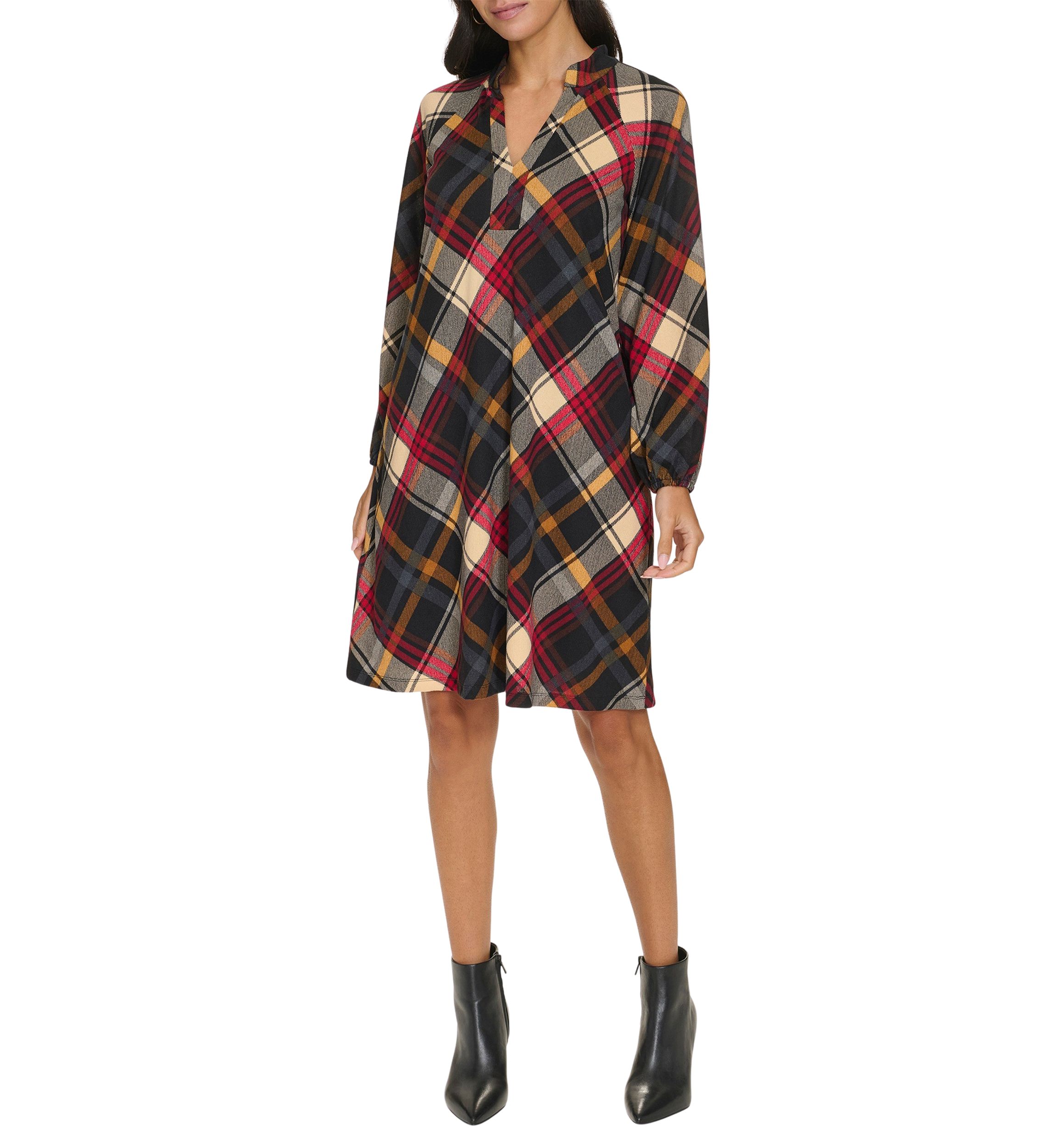 Womens Long Puff Sleeve V-Neck Plaid Print A-Line Dress