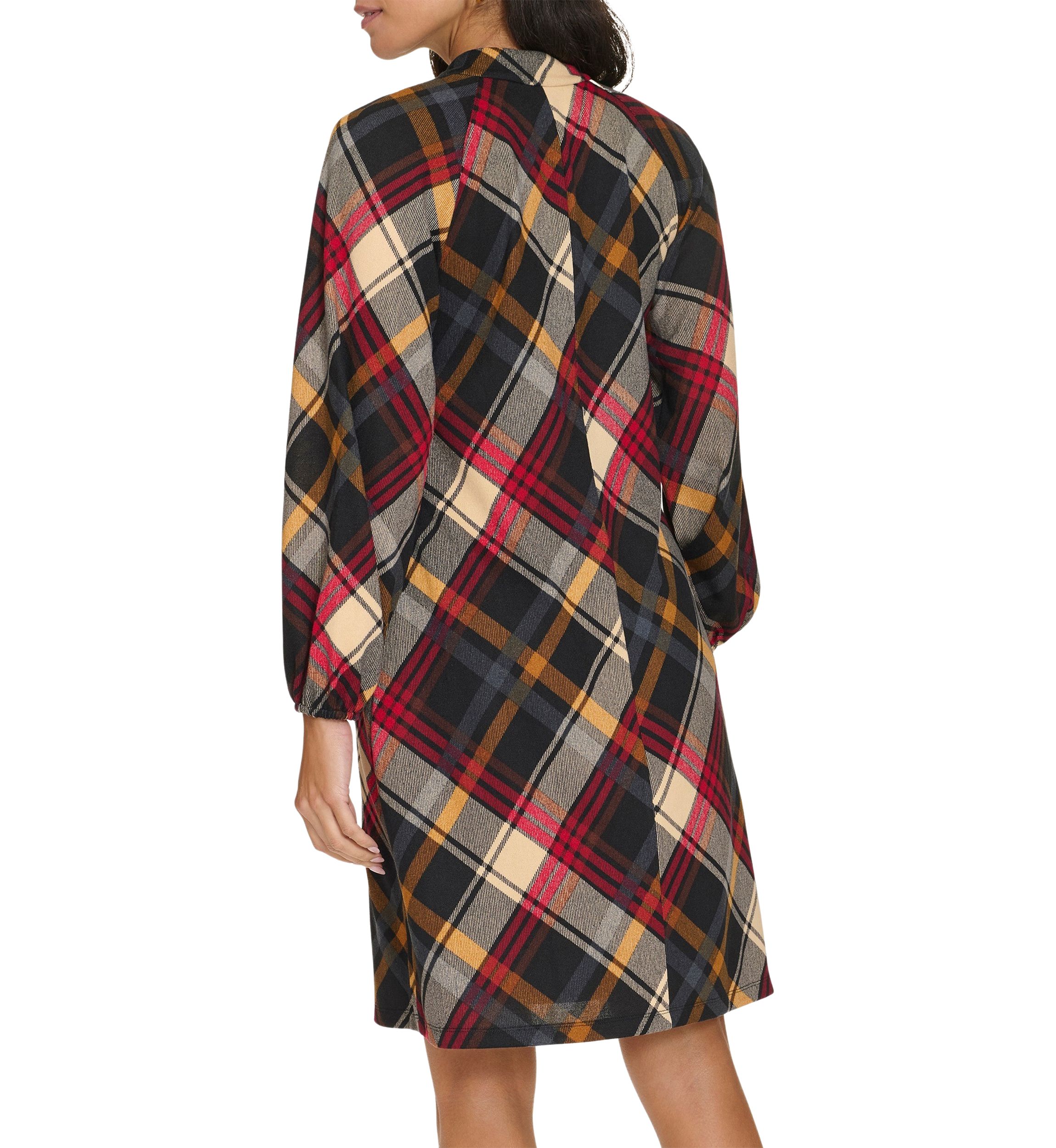 Womens Long Puff Sleeve V-Neck Plaid Print A-Line Dress