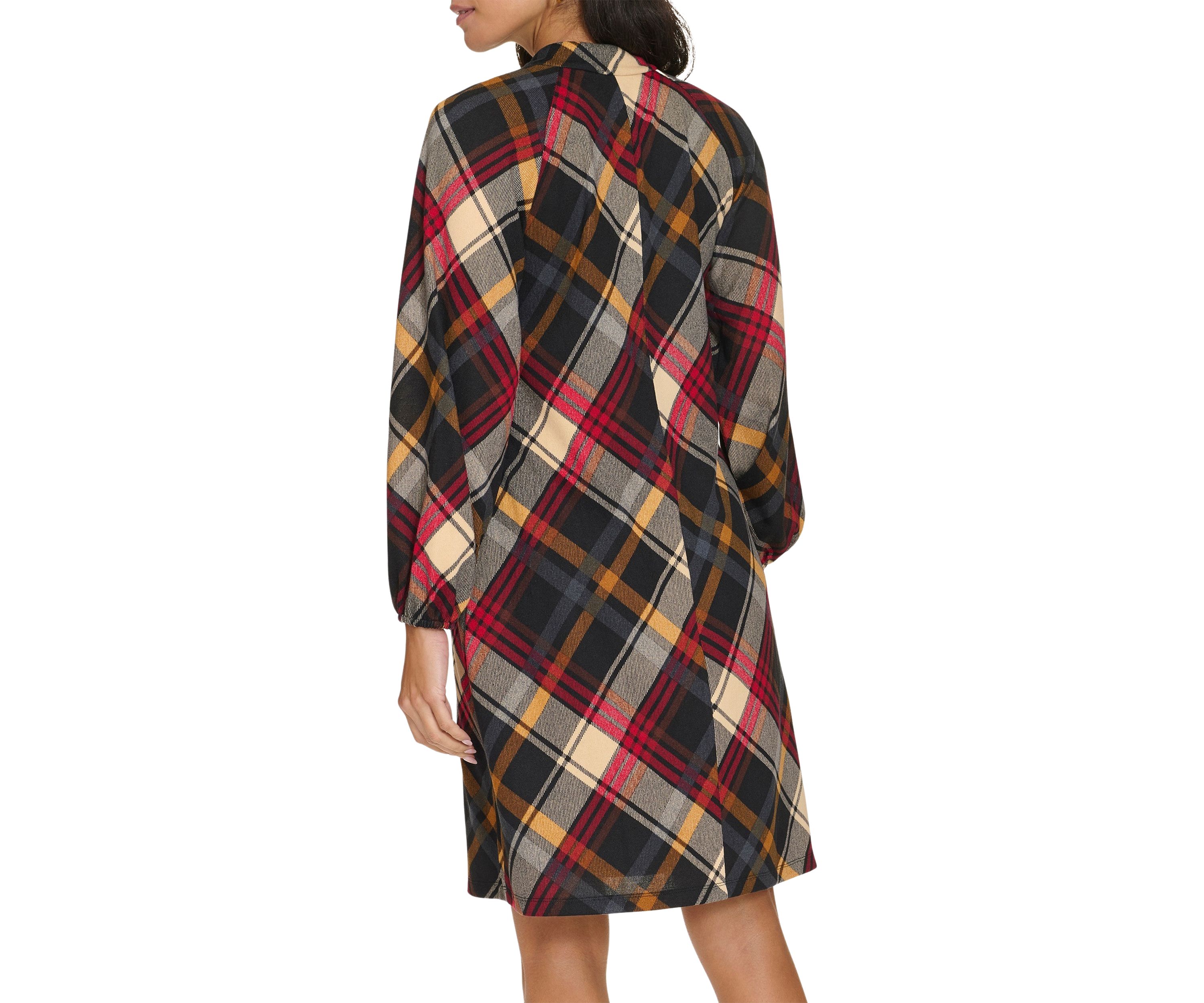 Womens Long Puff Sleeve V-Neck Plaid Print A-Line Dress