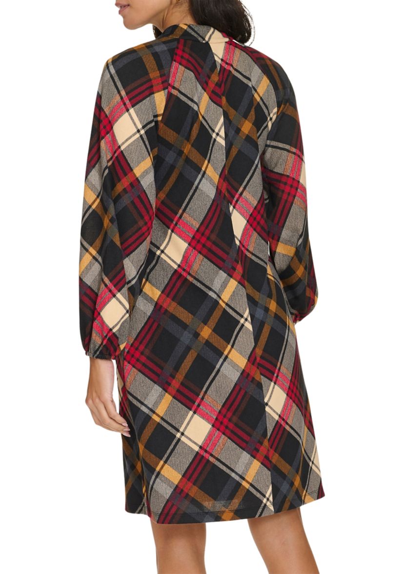 Womens Long Puff Sleeve V-Neck Plaid Print A-Line Dress