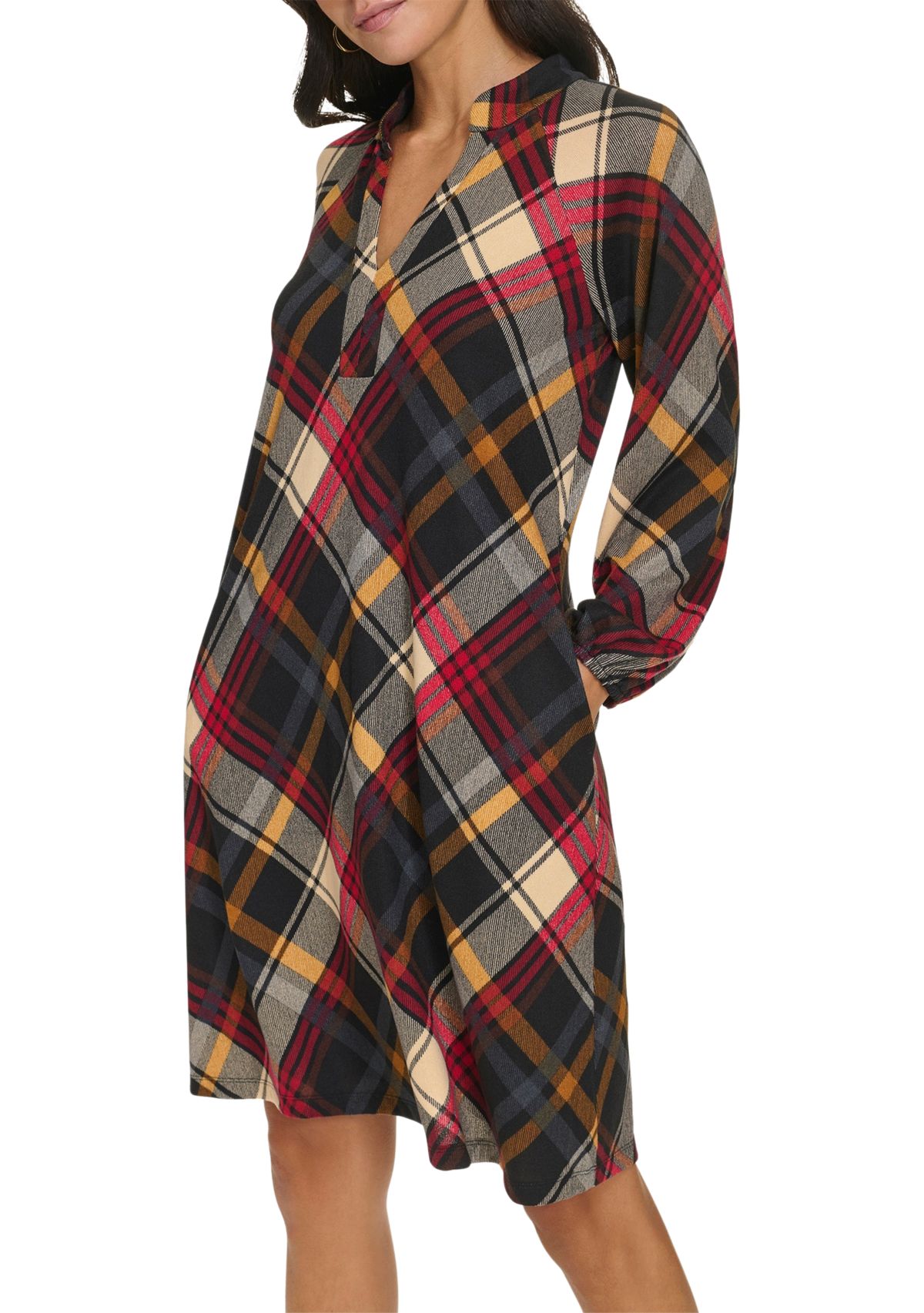 Womens Long Puff Sleeve V-Neck Plaid Print A-Line Dress