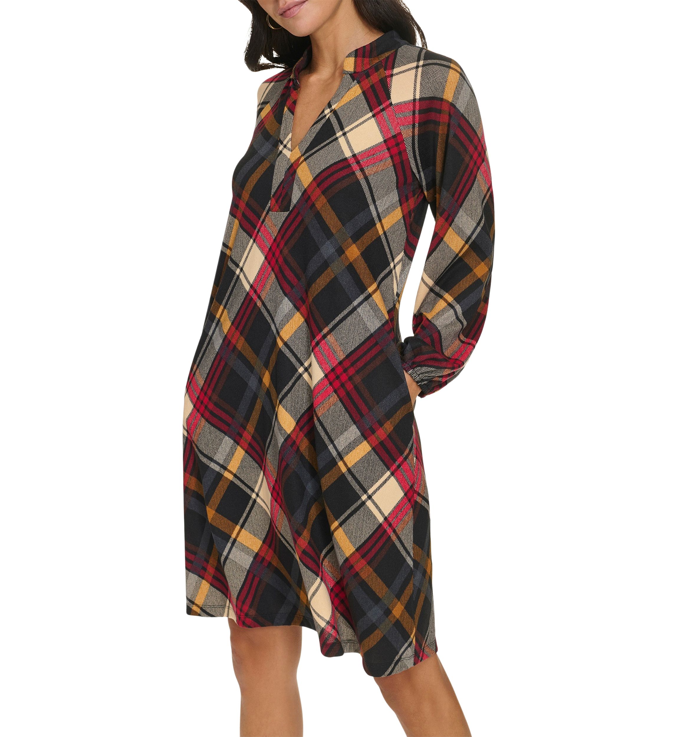 Womens Long Puff Sleeve V-Neck Plaid Print A-Line Dress
