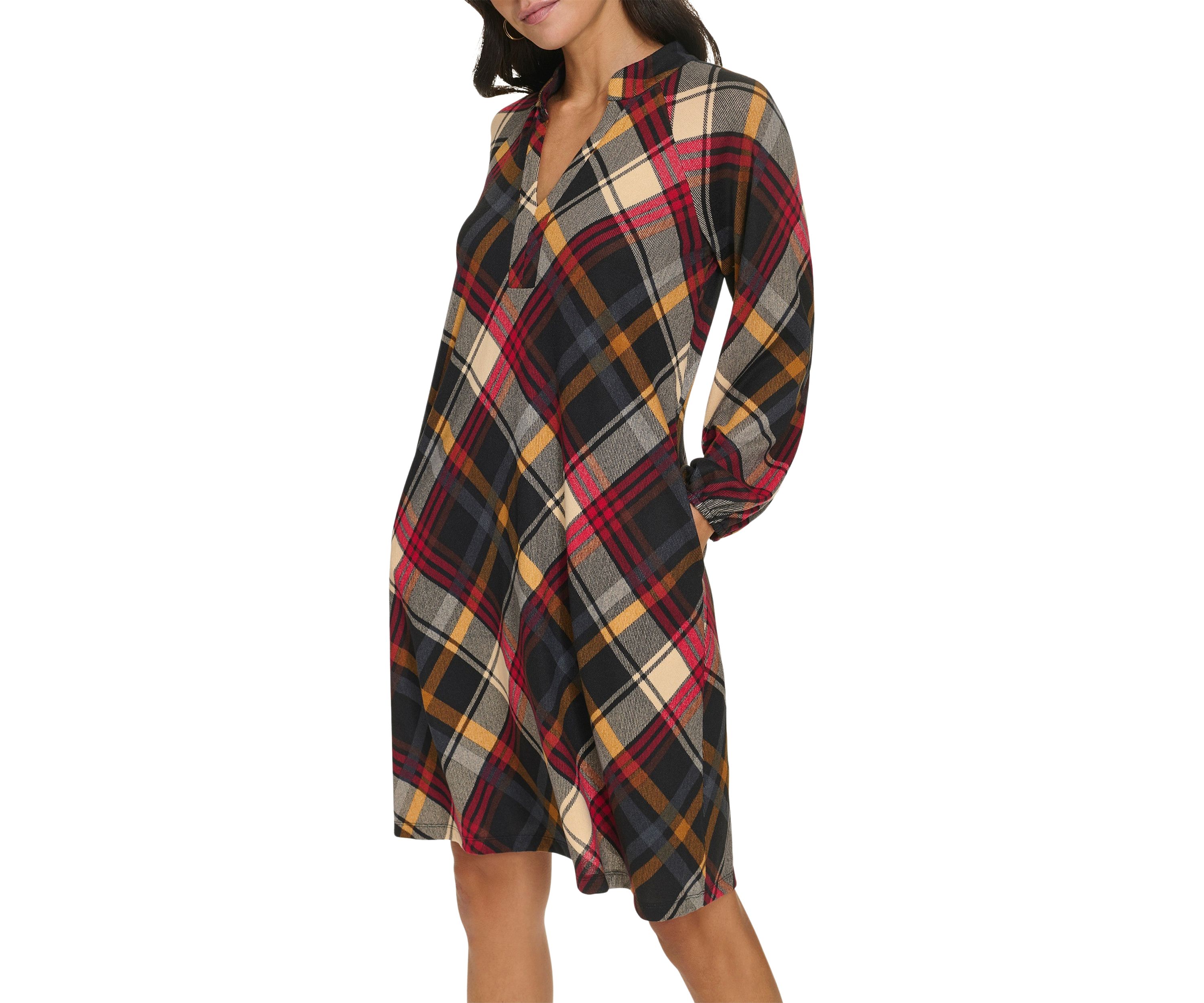 Womens Long Puff Sleeve V-Neck Plaid Print A-Line Dress