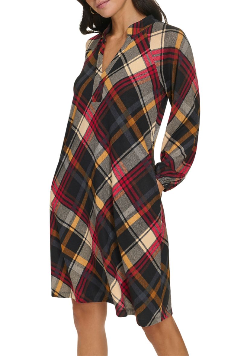 Womens Long Puff Sleeve V-Neck Plaid Print A-Line Dress