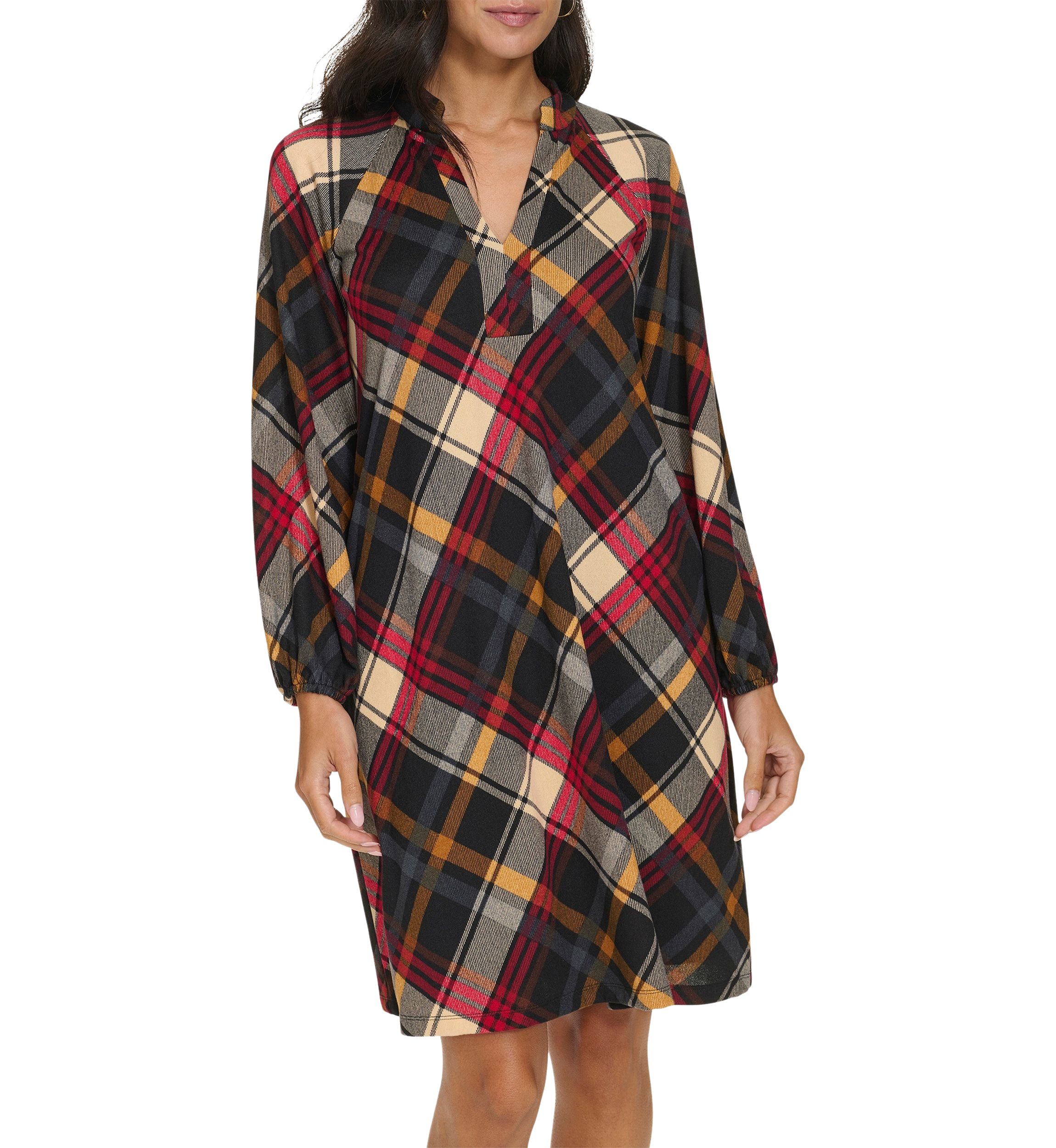 Womens Long Puff Sleeve V-Neck Plaid Print A-Line Dress