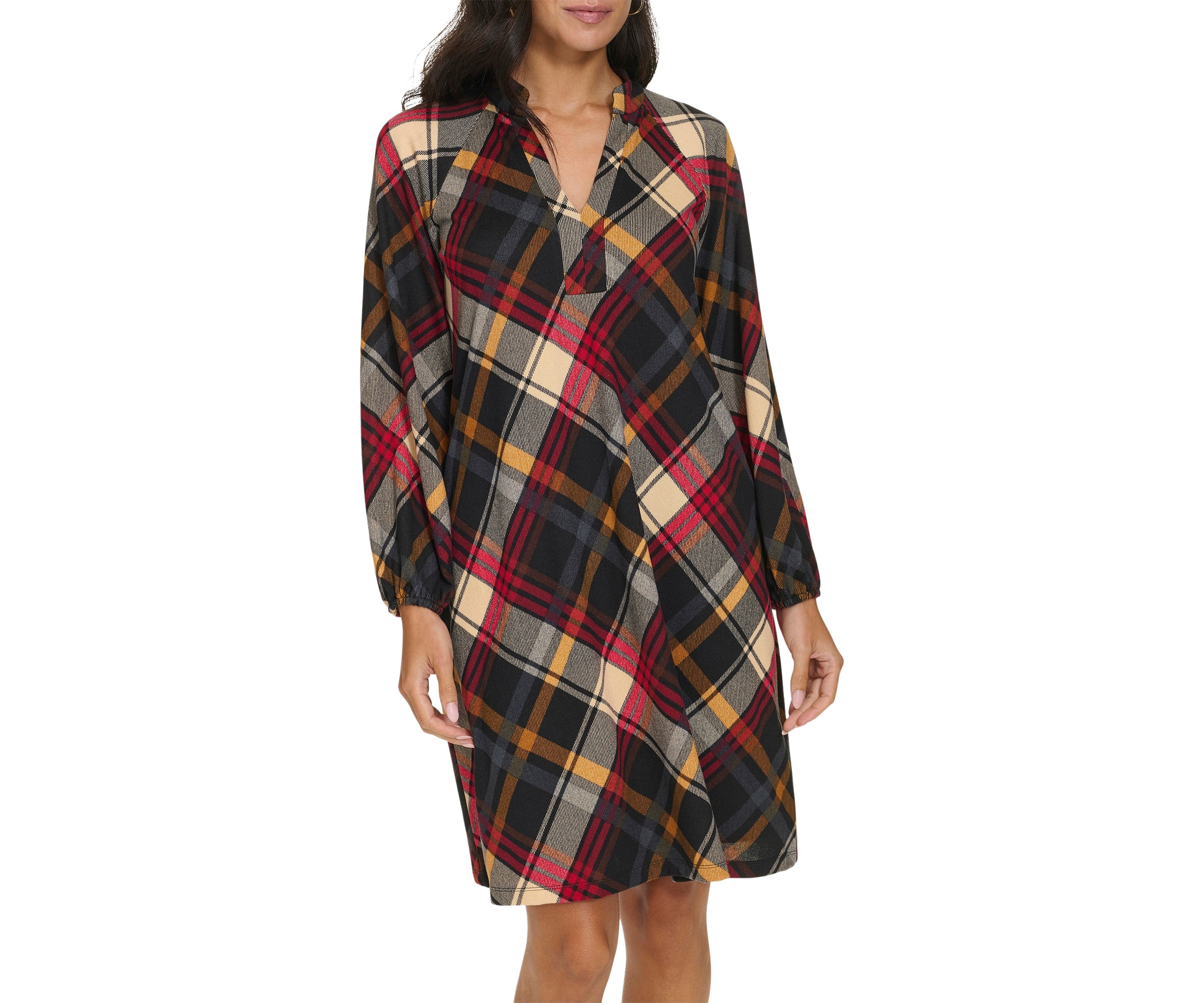 Womens Long Puff Sleeve V-Neck Plaid Print A-Line Dress