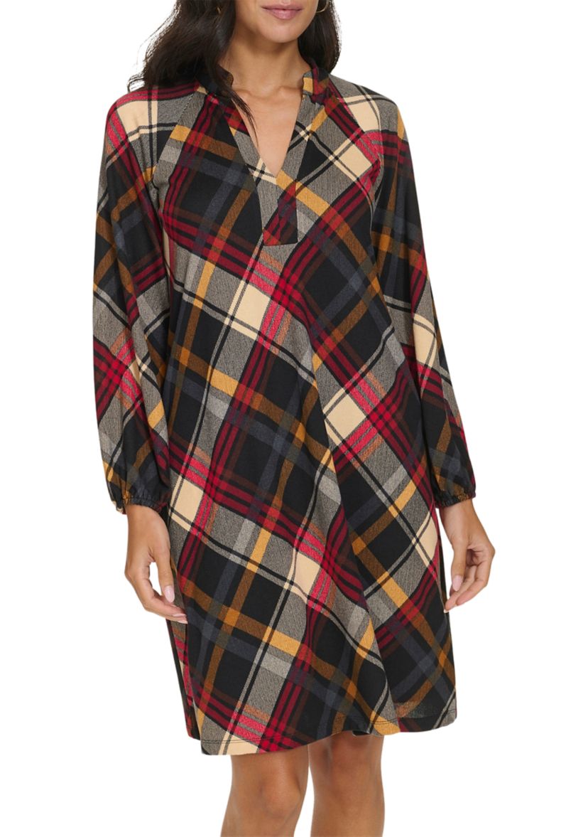 Womens Long Puff Sleeve V-Neck Plaid Print A-Line Dress