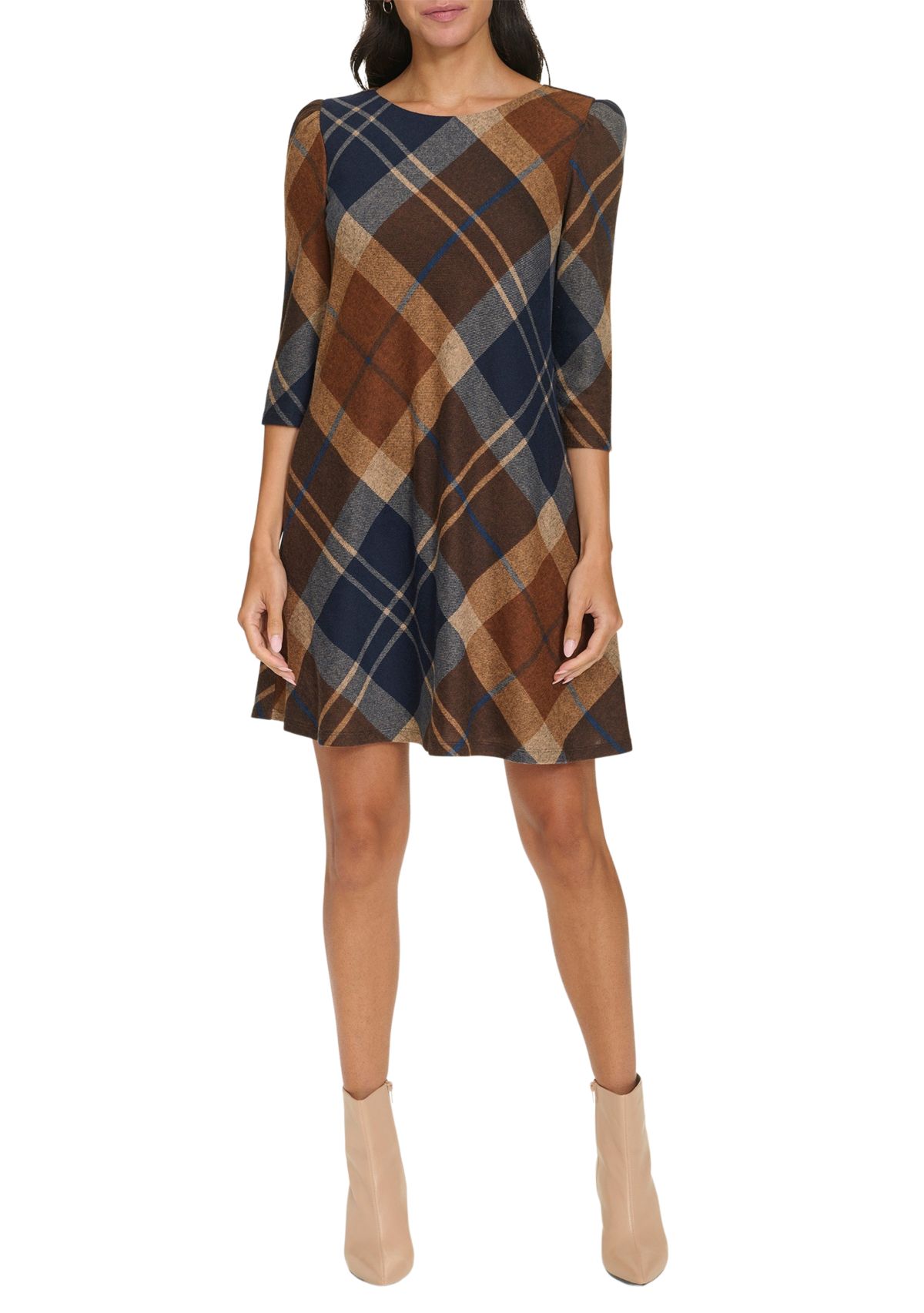 Womens 3/4 Sleeve Plaid Dress