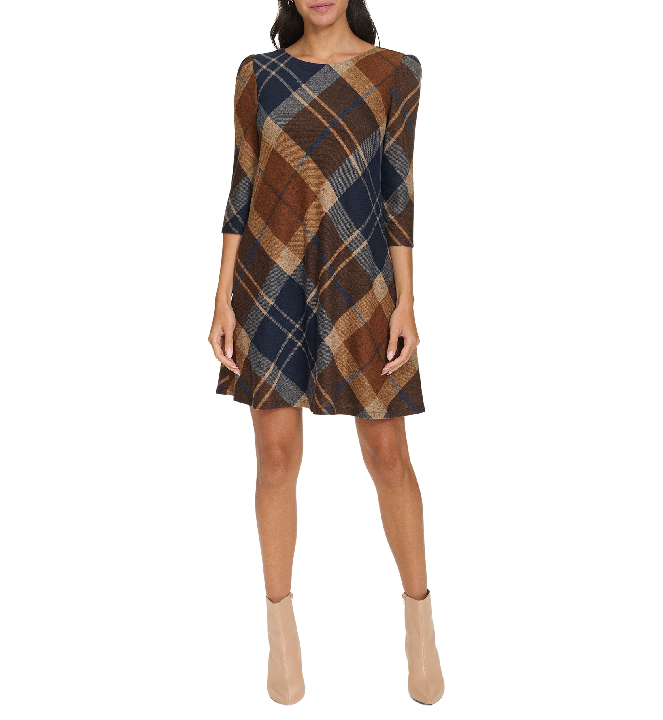 Womens 3/4 Sleeve Plaid Dress