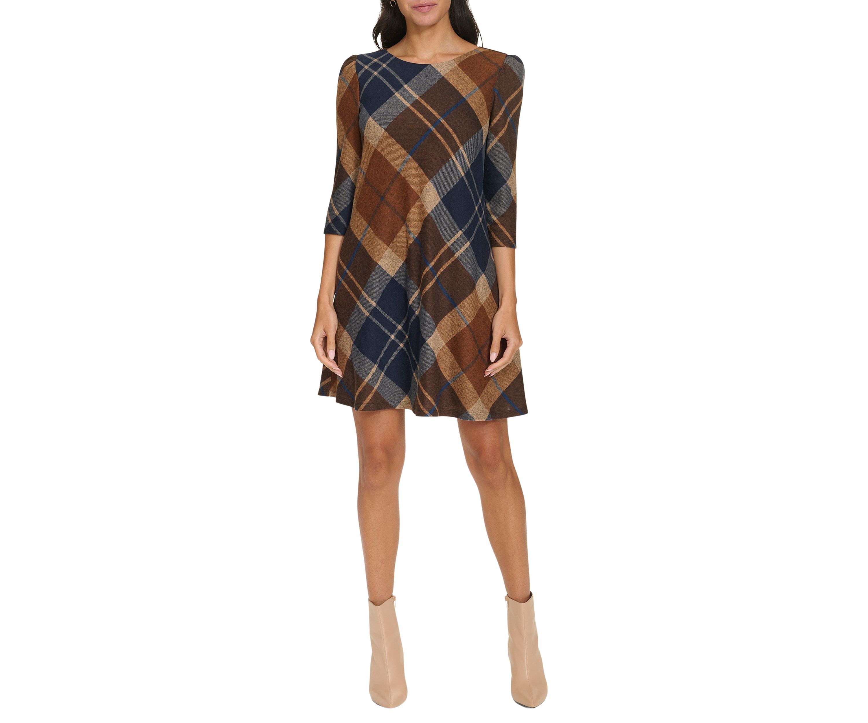 Womens 3/4 Sleeve Plaid Dress