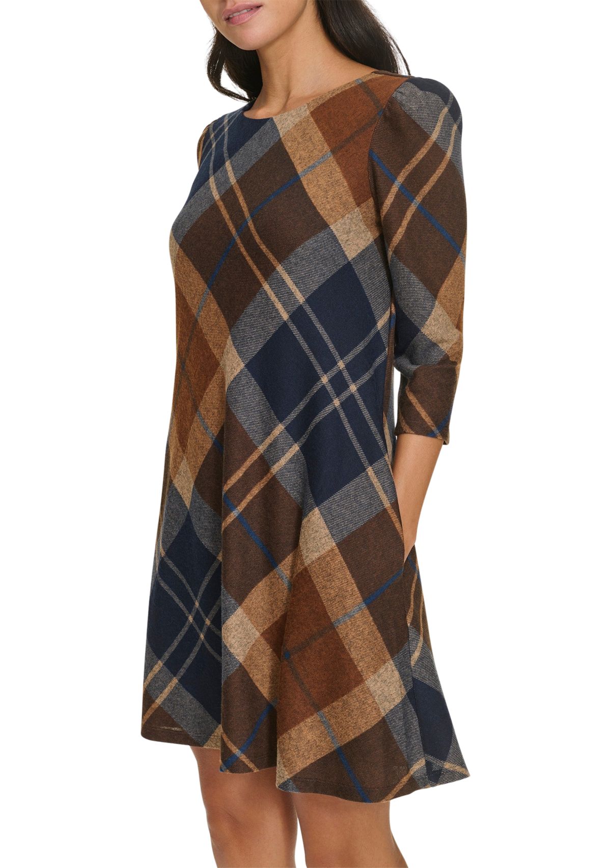 Womens 3/4 Sleeve Plaid Dress