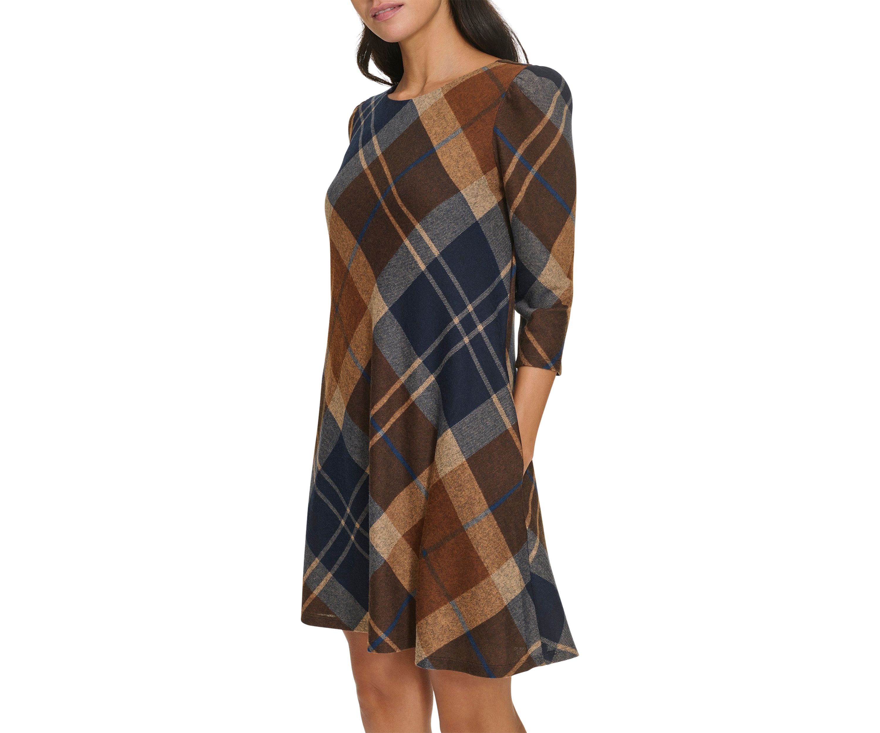 Womens 3/4 Sleeve Plaid Dress