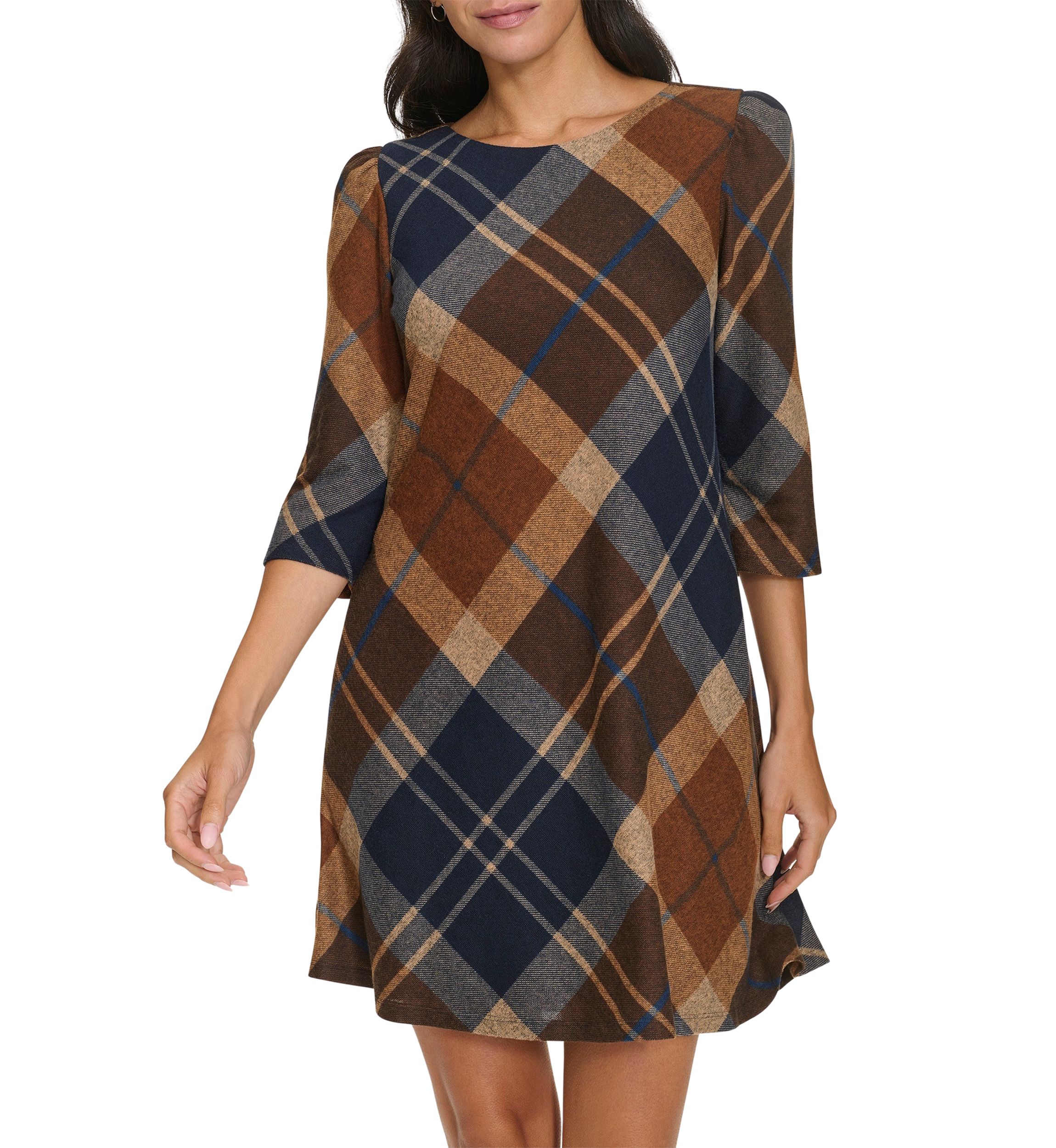Womens 3/4 Sleeve Plaid Dress