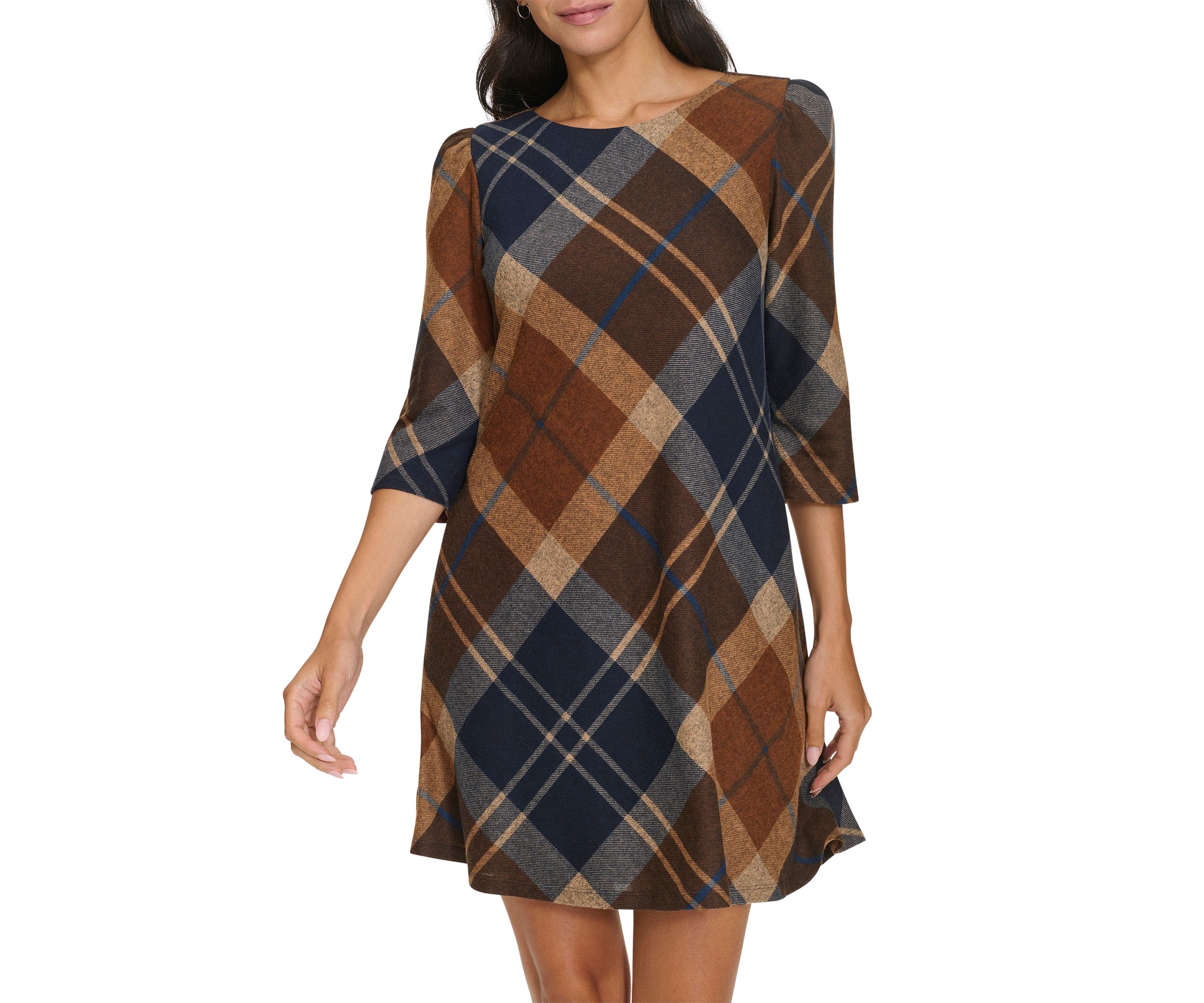 Womens 3/4 Sleeve Plaid Dress