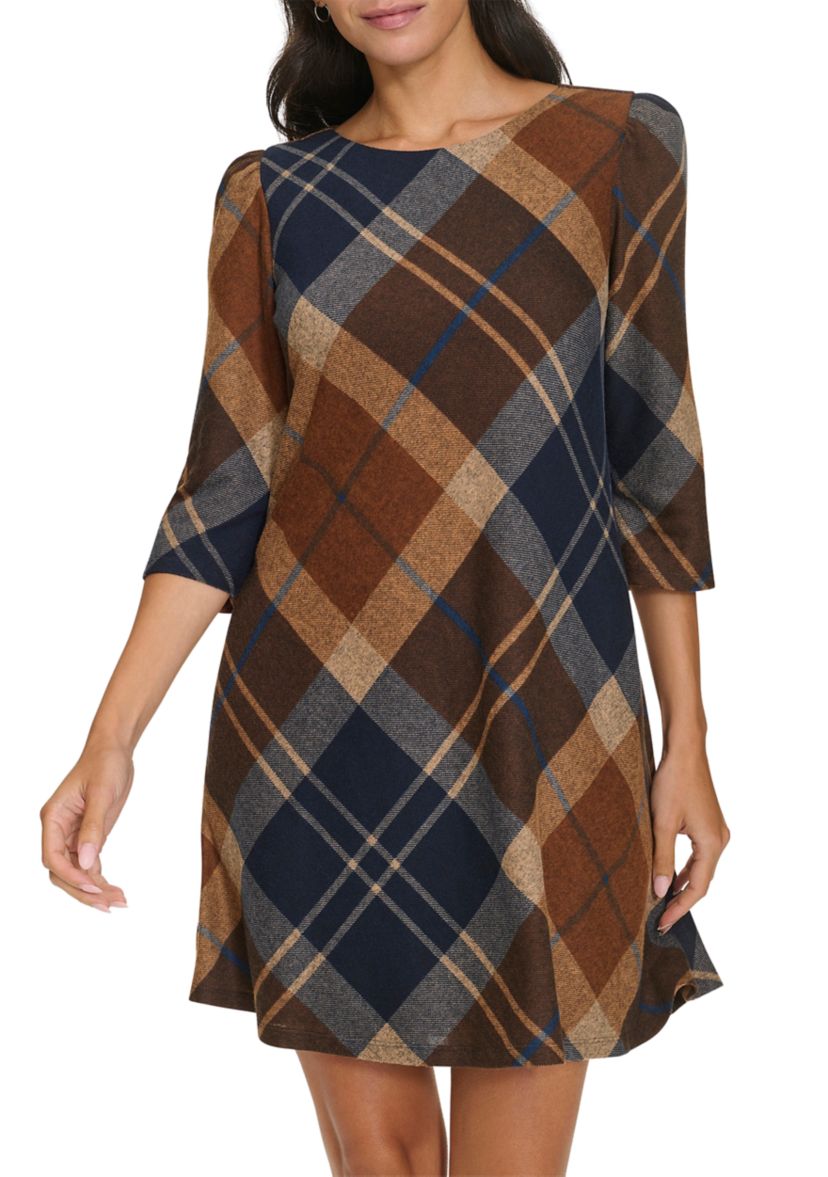 Womens 3/4 Sleeve Plaid Dress