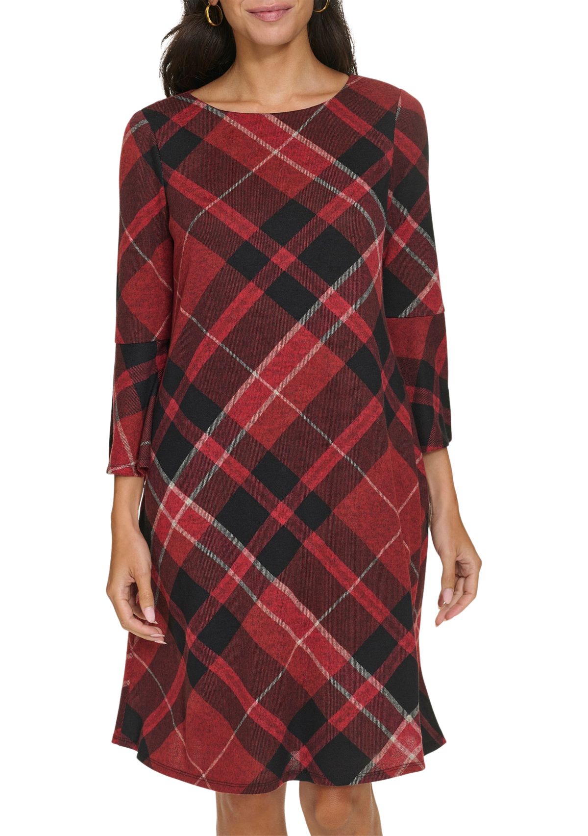 Womens Bell Sleeve Plaid A-Line Dress
