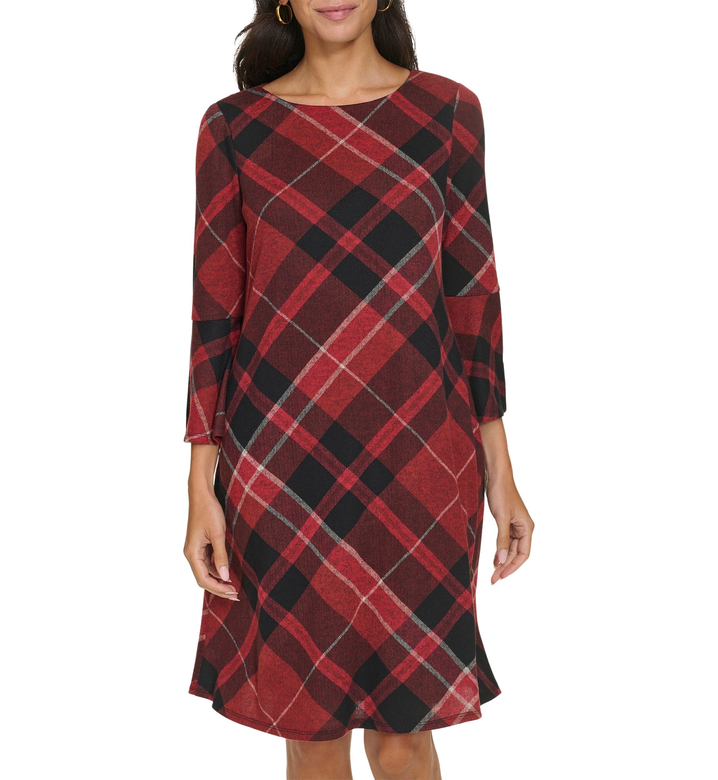 Womens Bell Sleeve Plaid A-Line Dress