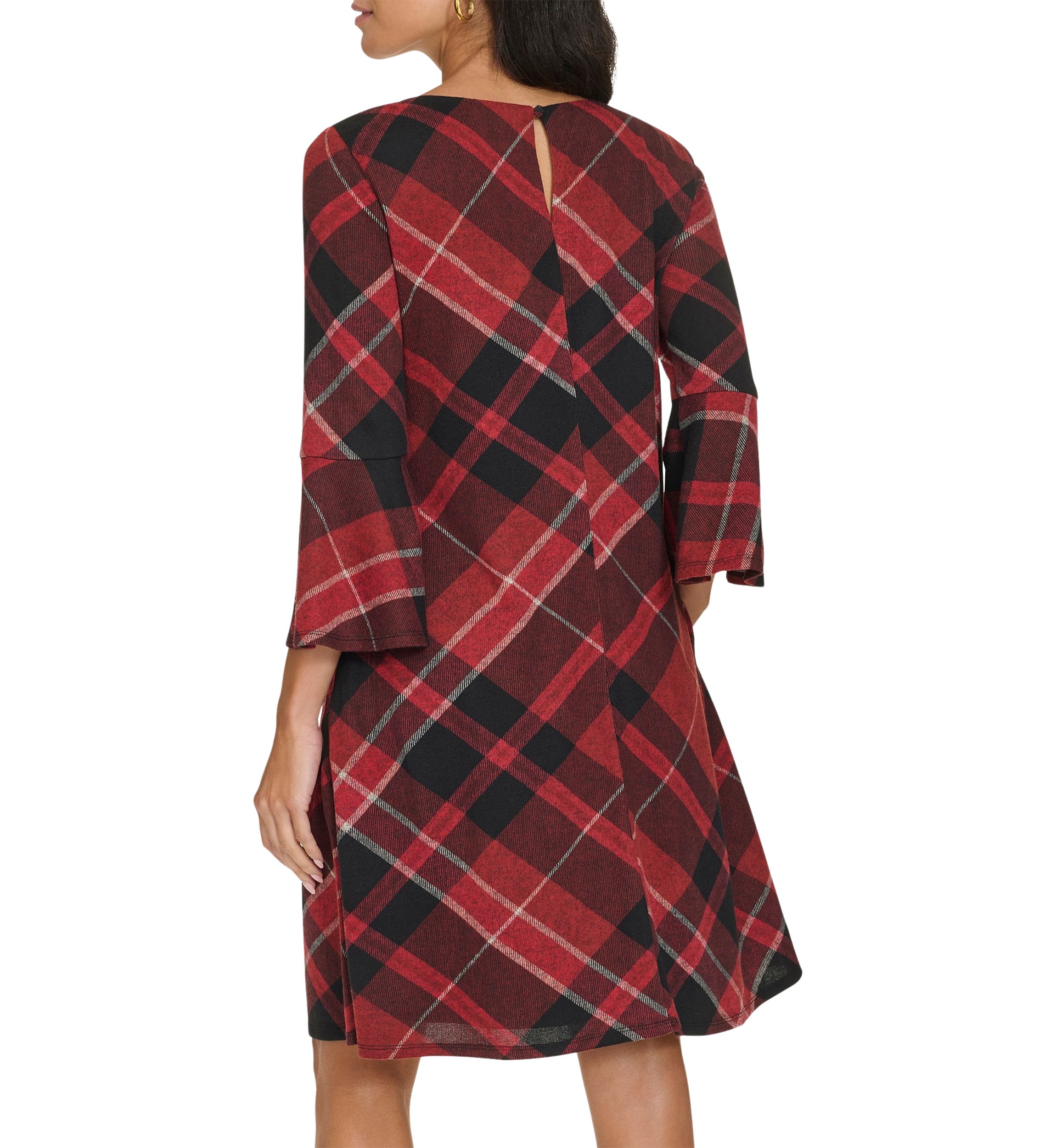 Womens Bell Sleeve Plaid A-Line Dress