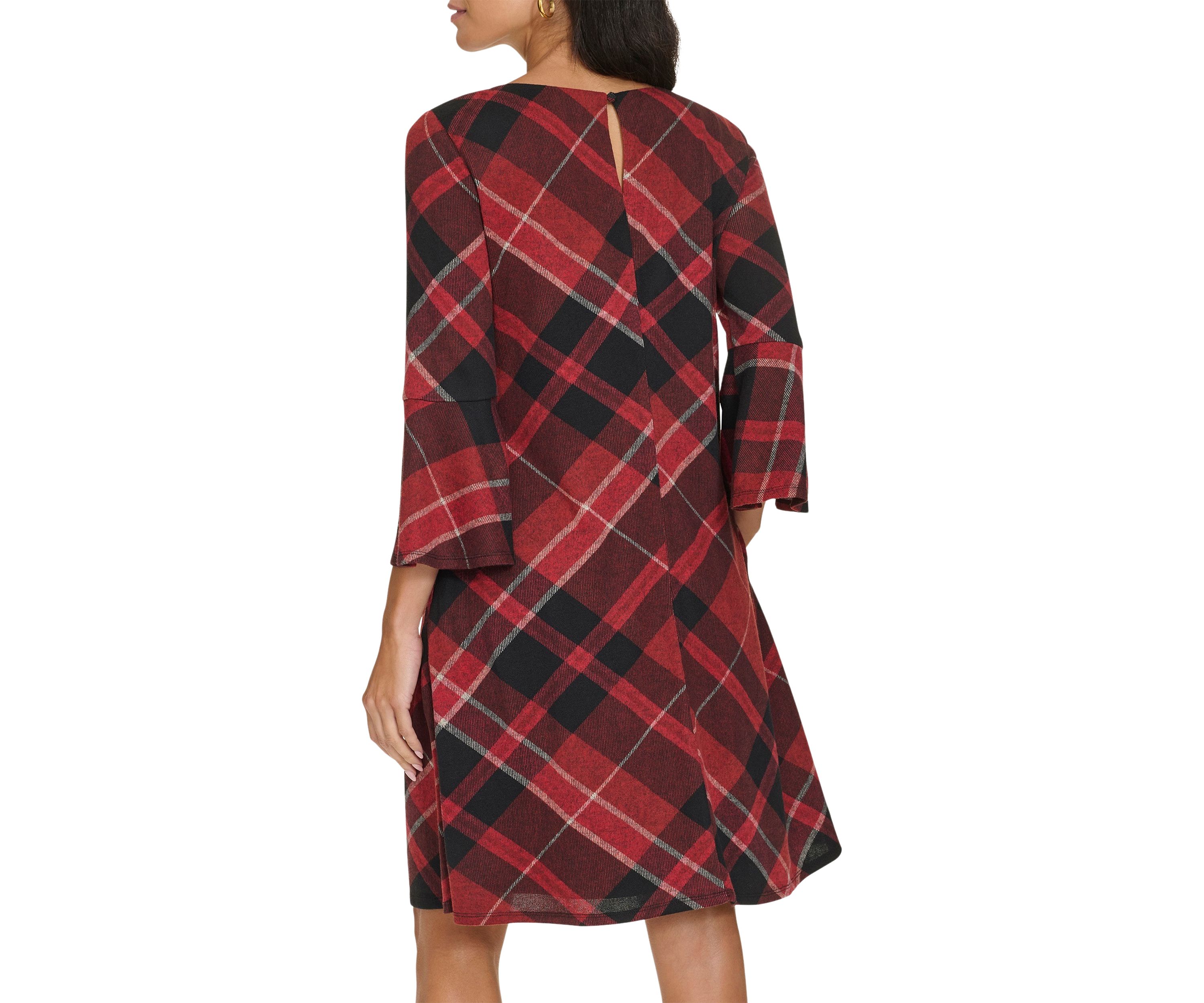 Womens Bell Sleeve Plaid A-Line Dress