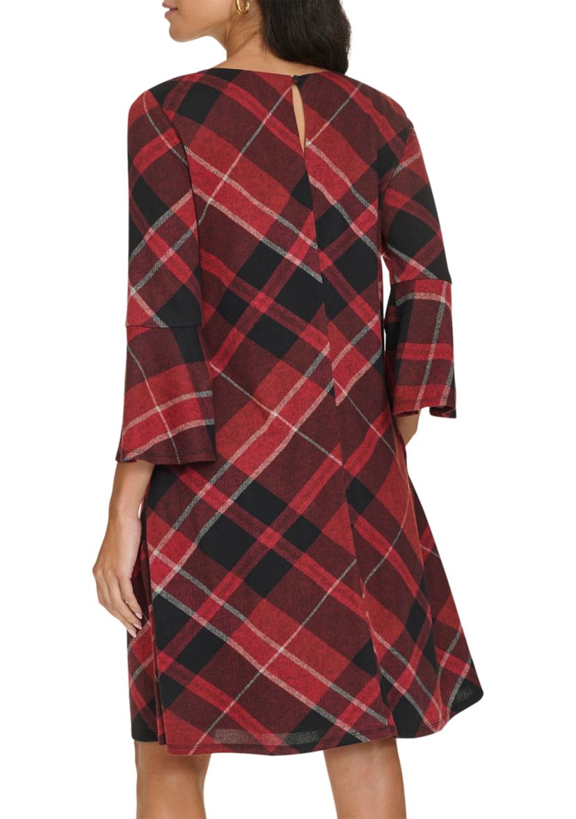 Womens Bell Sleeve Plaid A-Line Dress