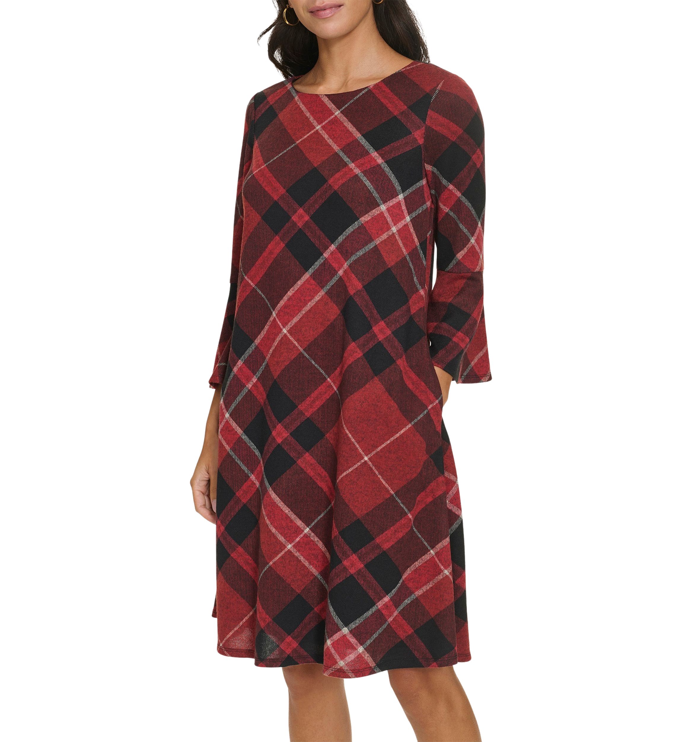 Womens Bell Sleeve Plaid A-Line Dress