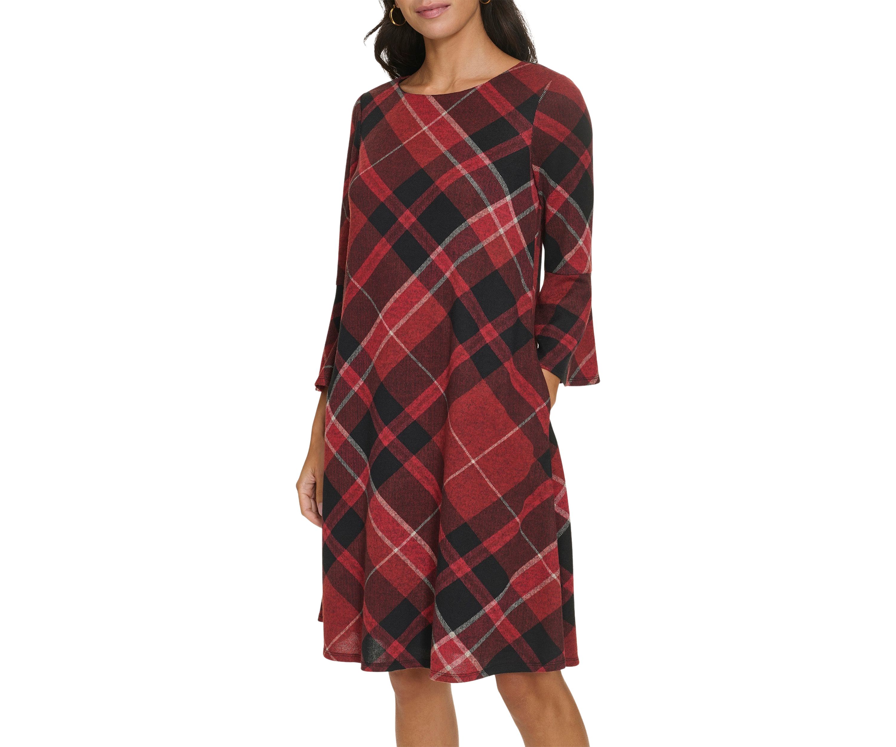 Womens Bell Sleeve Plaid A-Line Dress