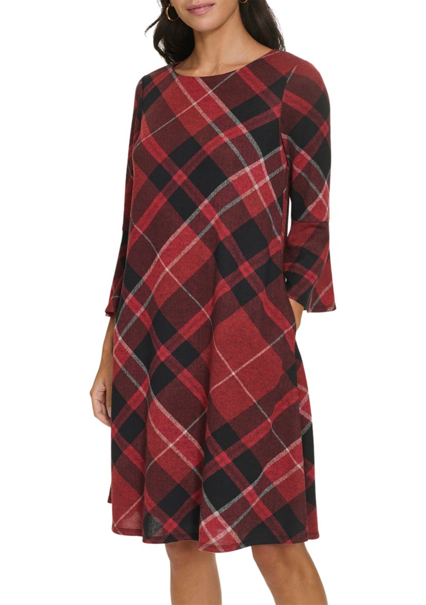 Womens Bell Sleeve Plaid A-Line Dress
