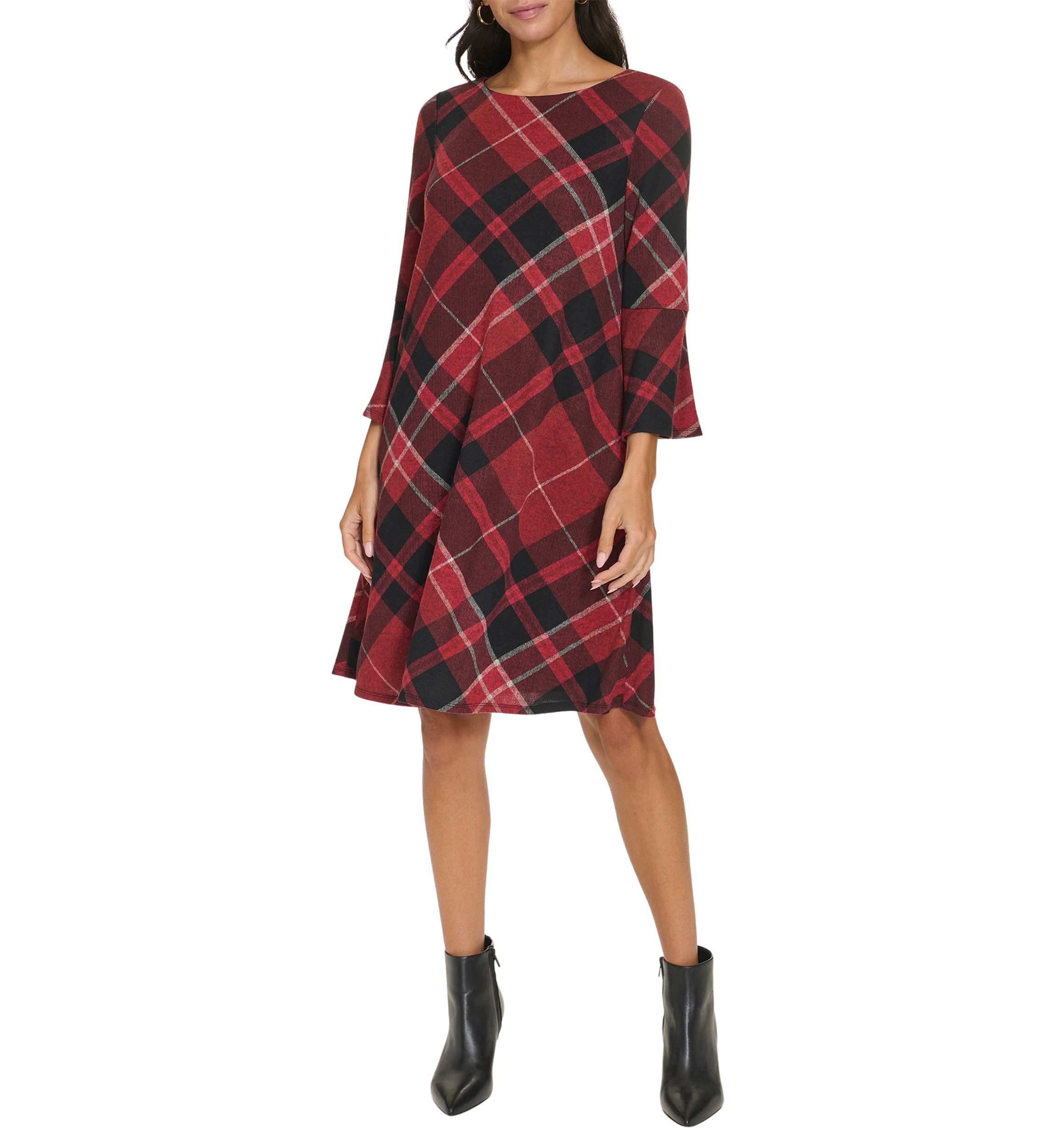 Womens Bell Sleeve Plaid A-Line Dress