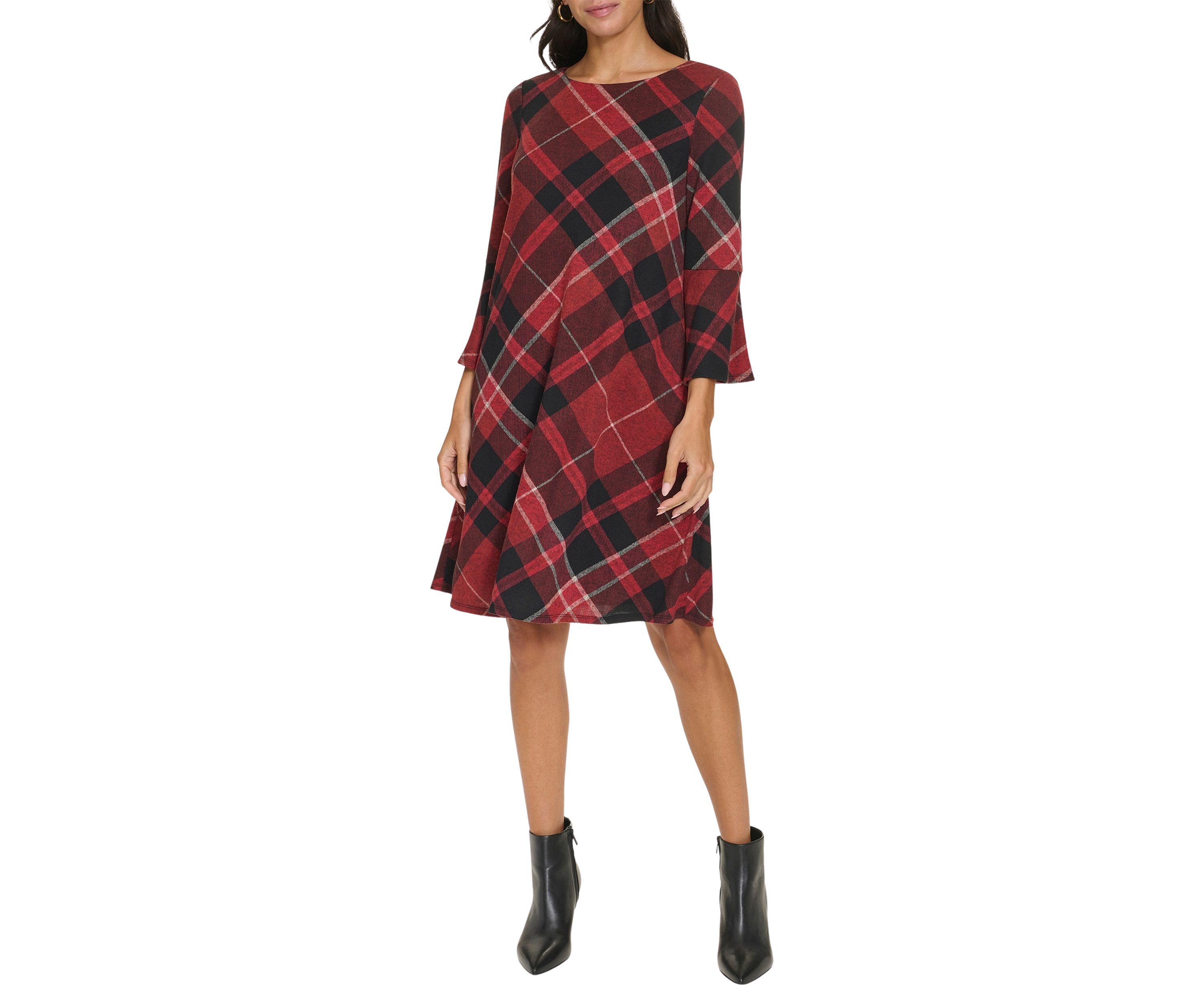 Womens Bell Sleeve Plaid A-Line Dress