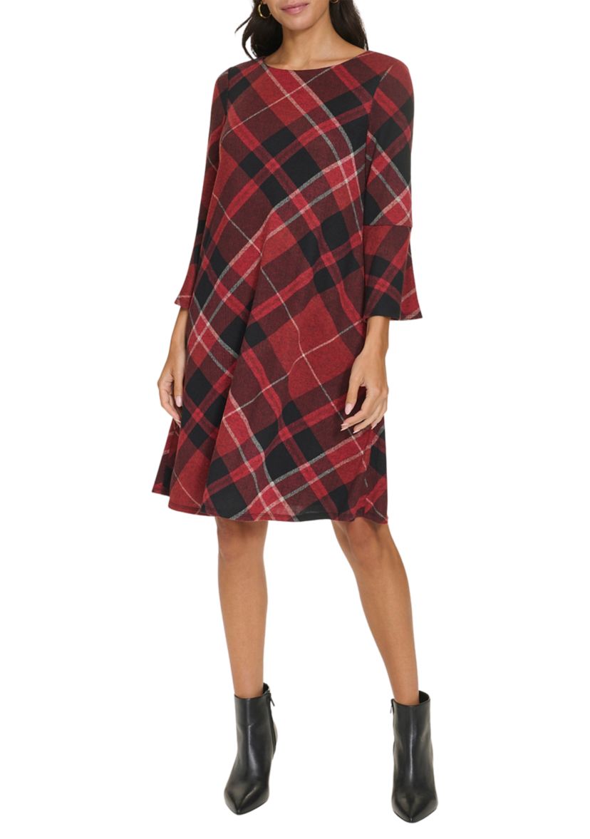 Womens Bell Sleeve Plaid A-Line Dress
