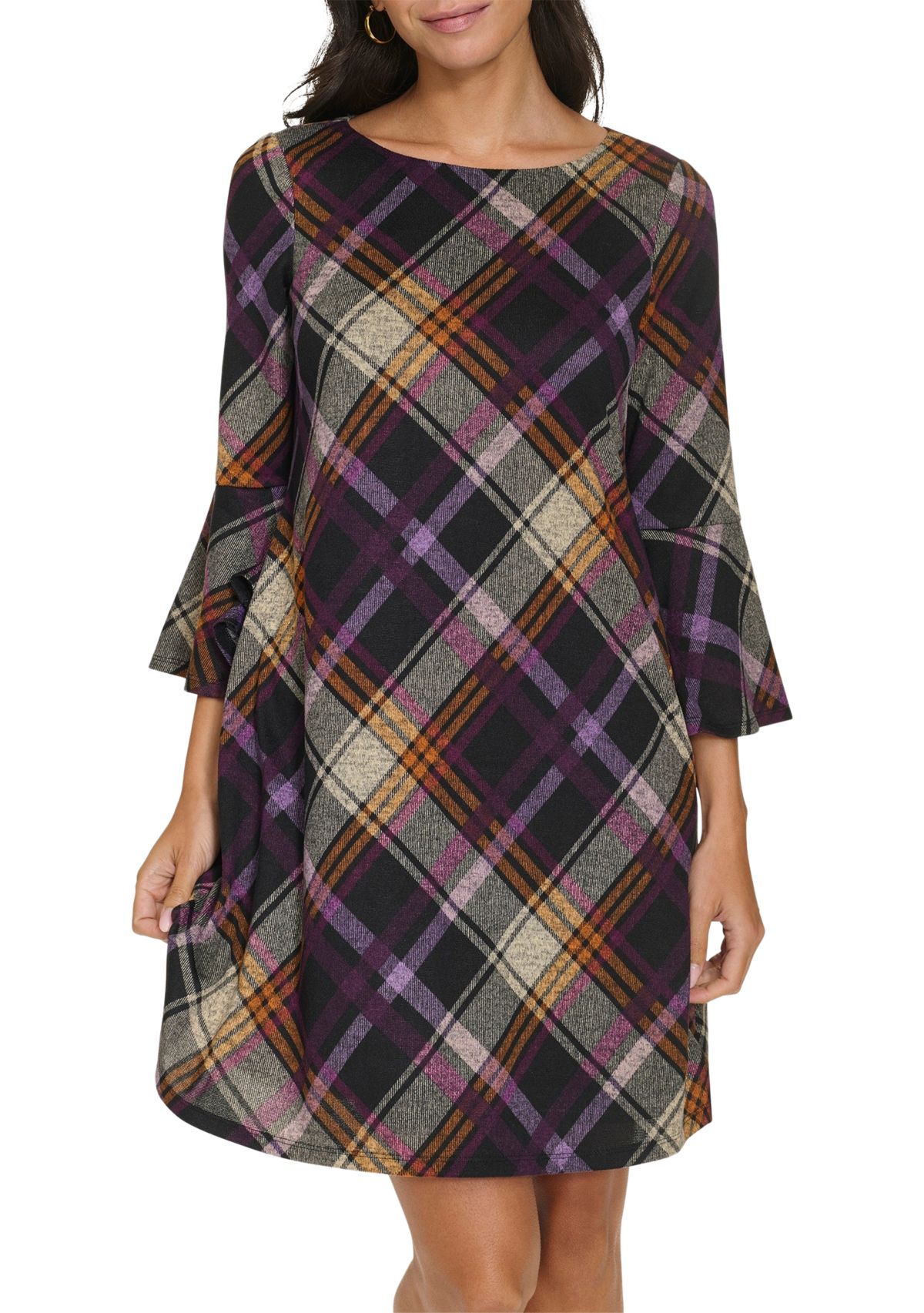 Womens 3/4 Bell Sleeve Wide Neck Plaid A-Line Dress