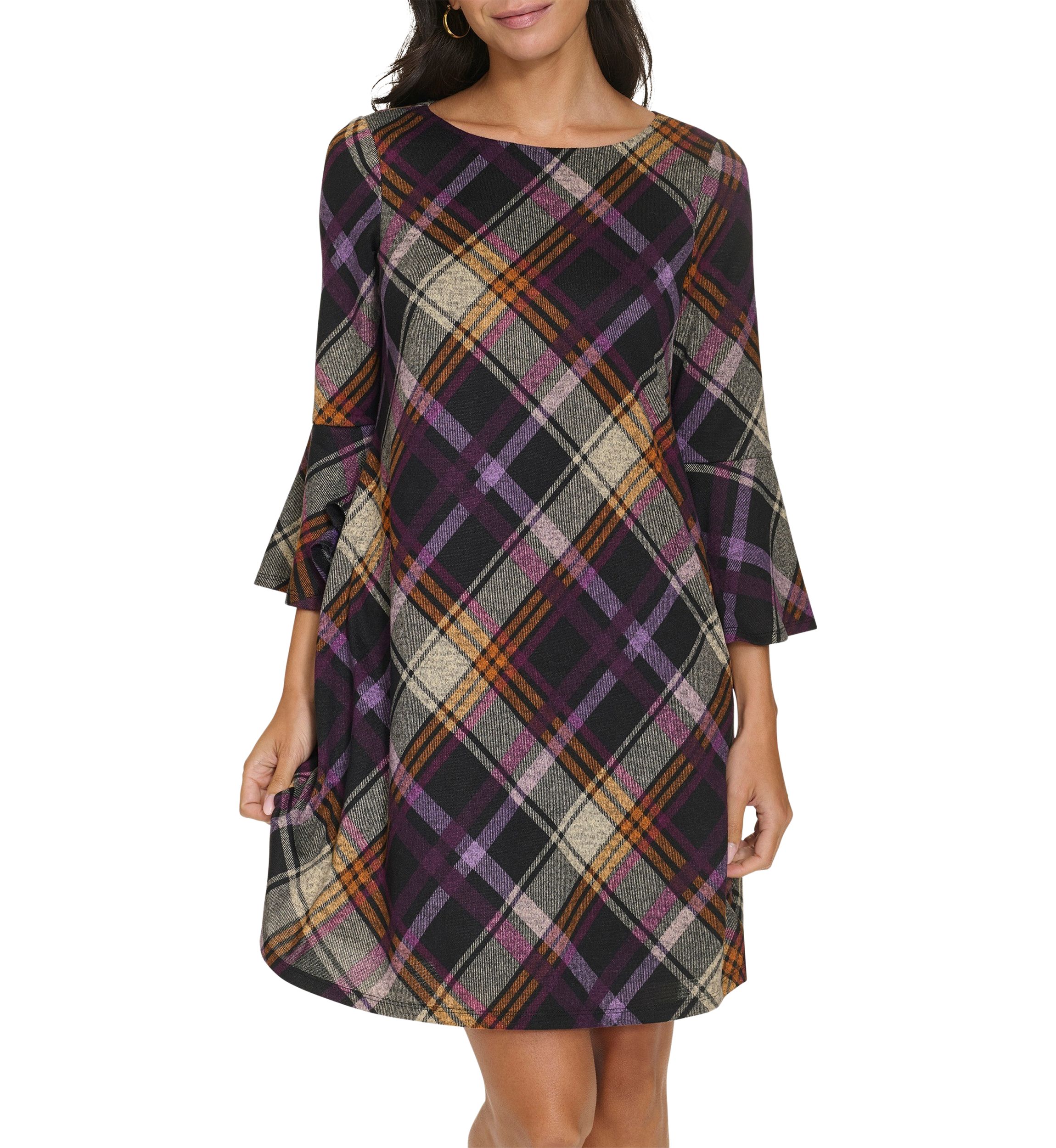 Womens 3/4 Bell Sleeve Wide Neck Plaid A-Line Dress