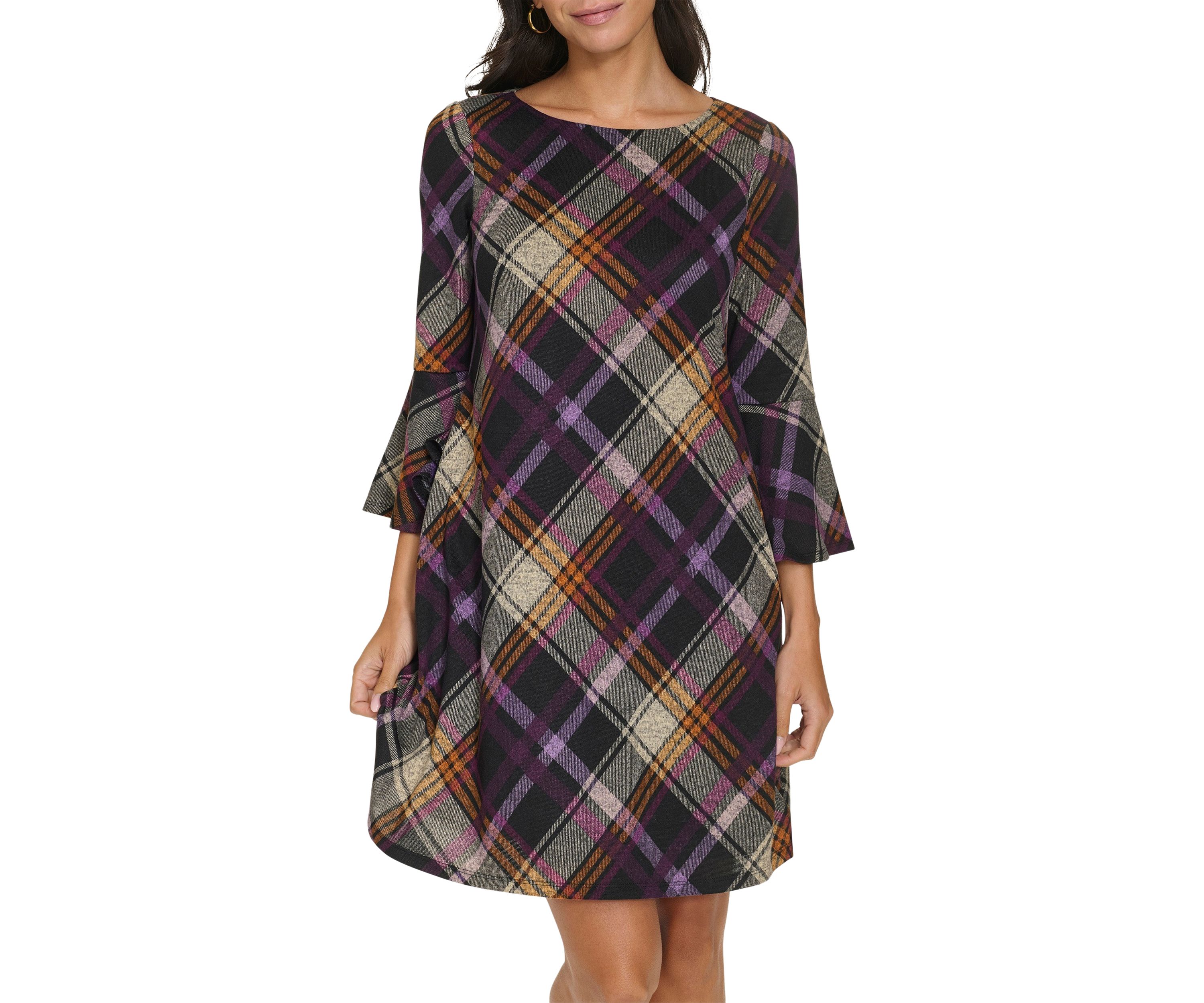 Womens 3/4 Bell Sleeve Wide Neck Plaid A-Line Dress