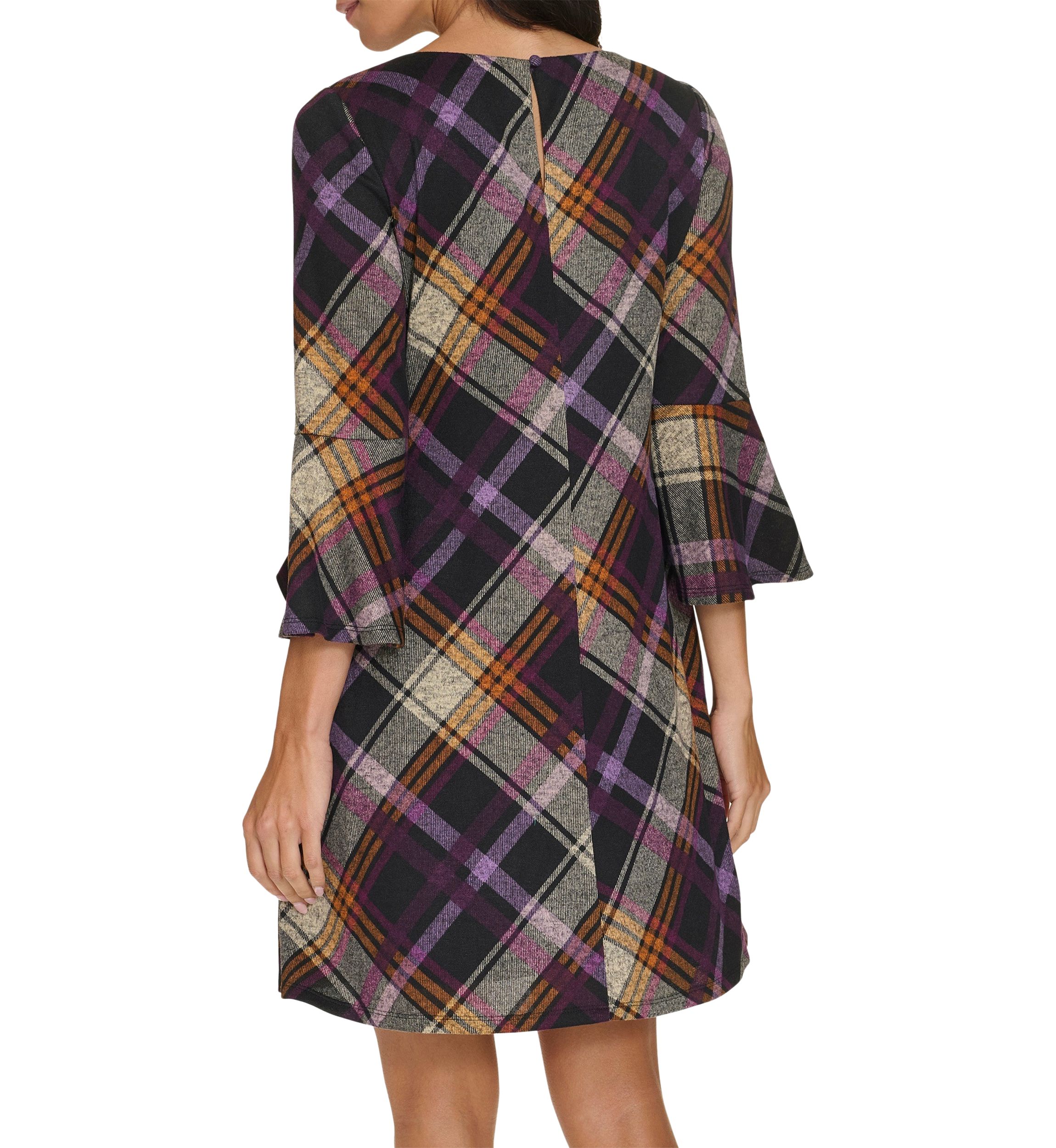 Womens 3/4 Bell Sleeve Wide Neck Plaid A-Line Dress