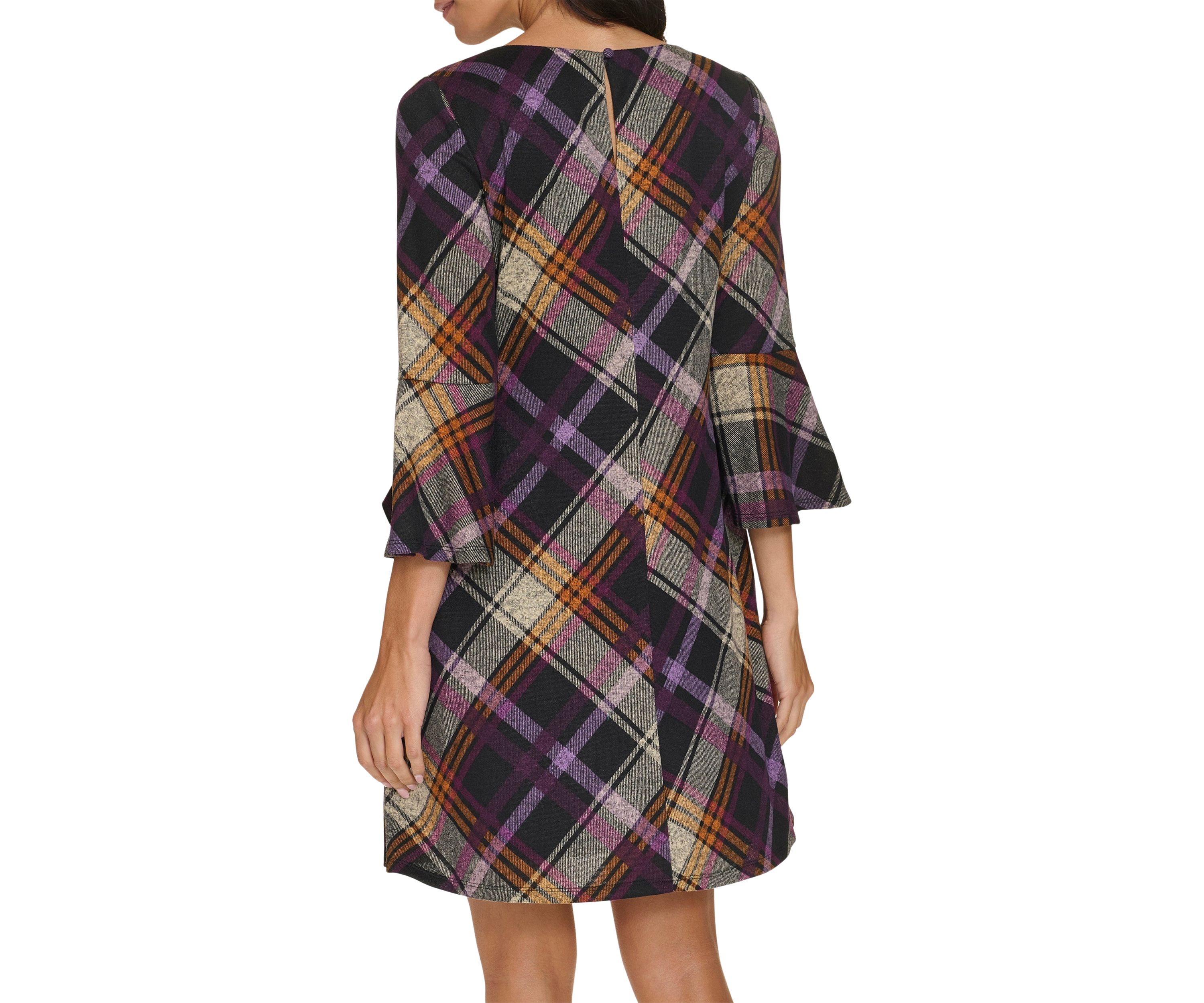 Womens 3/4 Bell Sleeve Wide Neck Plaid A-Line Dress
