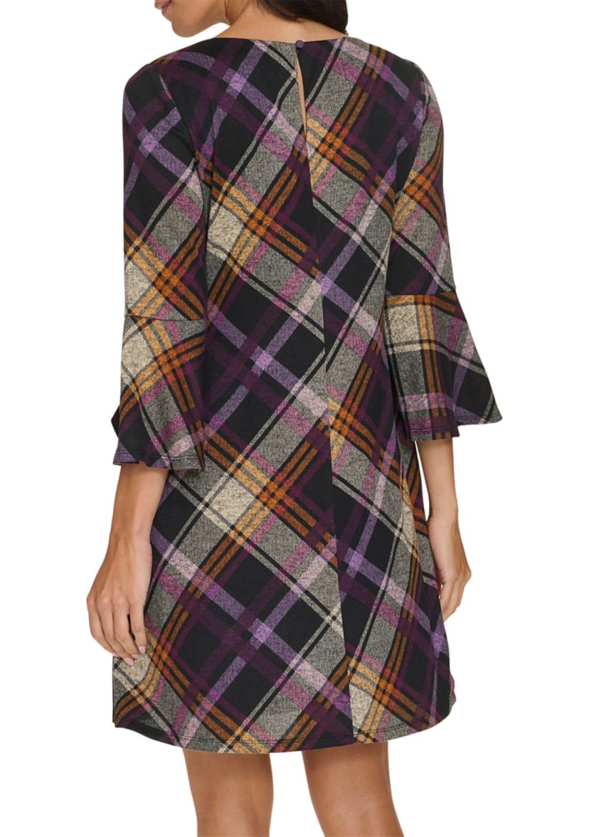Womens 3/4 Bell Sleeve Wide Neck Plaid A-Line Dress