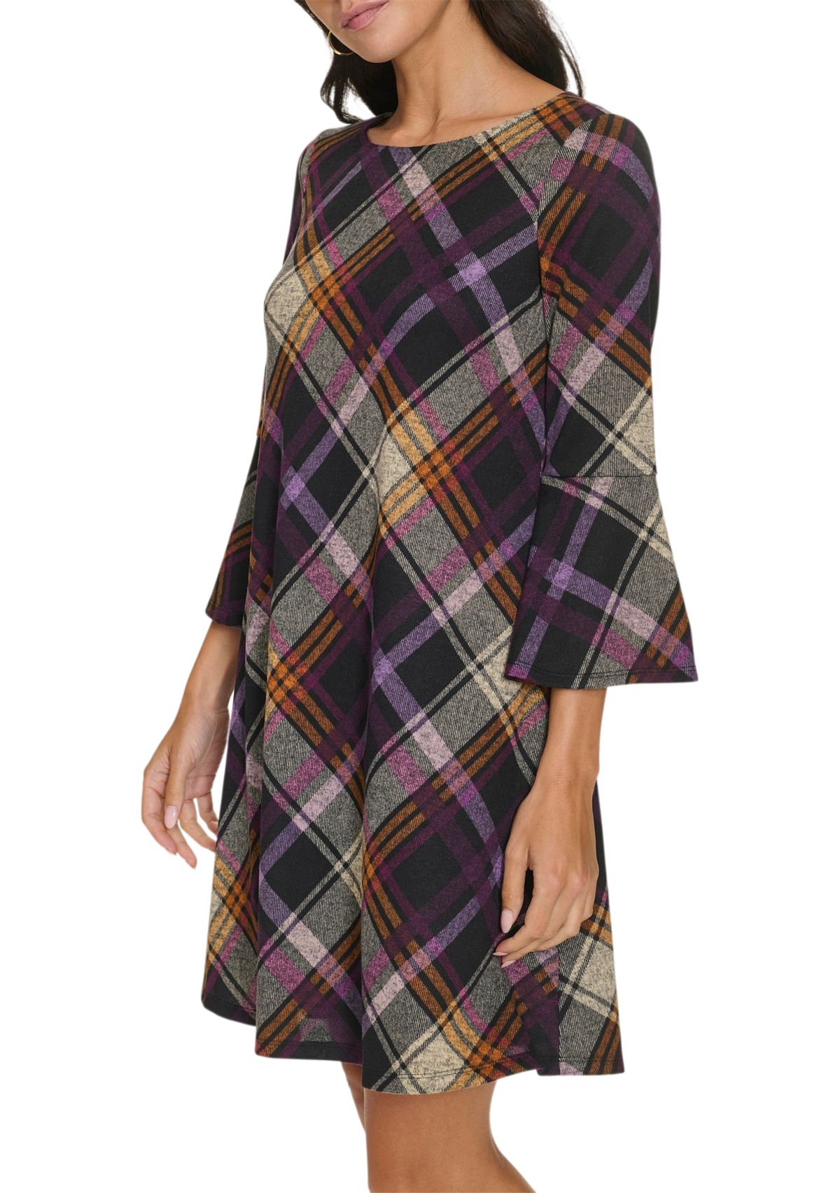 Womens 3/4 Bell Sleeve Wide Neck Plaid A-Line Dress