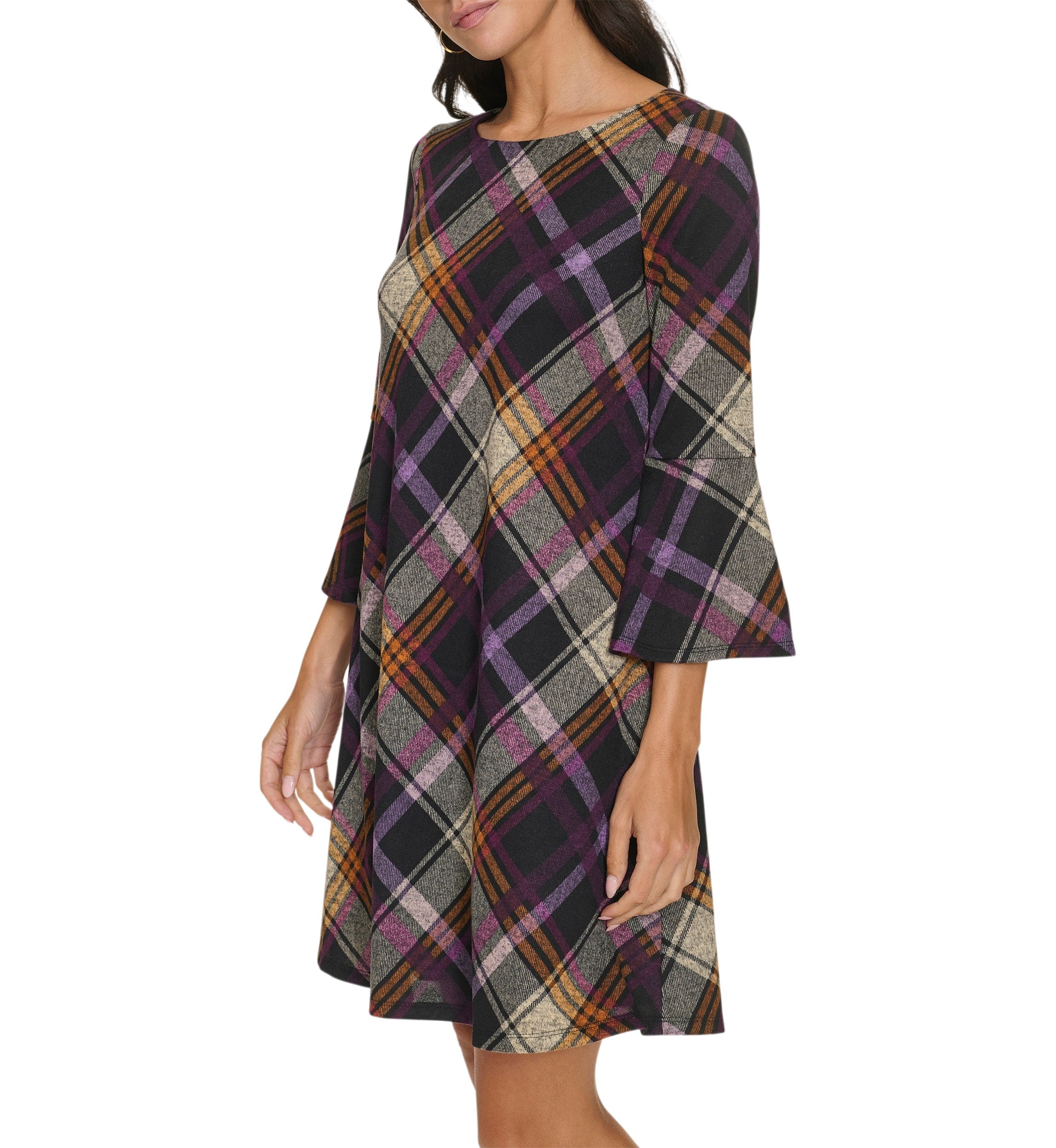Womens 3/4 Bell Sleeve Wide Neck Plaid A-Line Dress