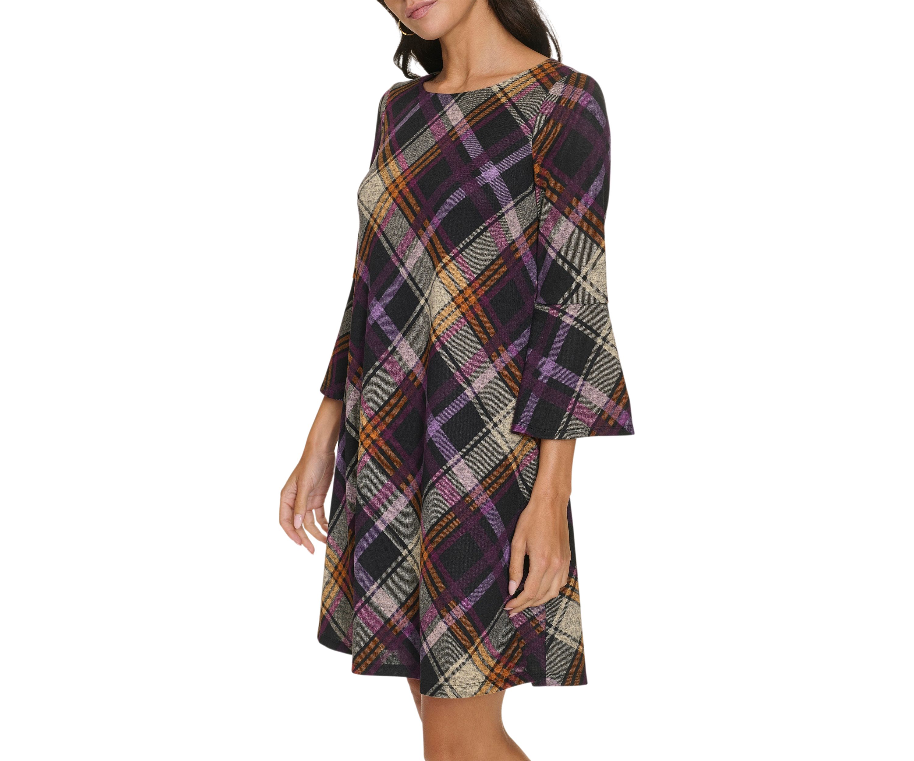 Womens 3/4 Bell Sleeve Wide Neck Plaid A-Line Dress